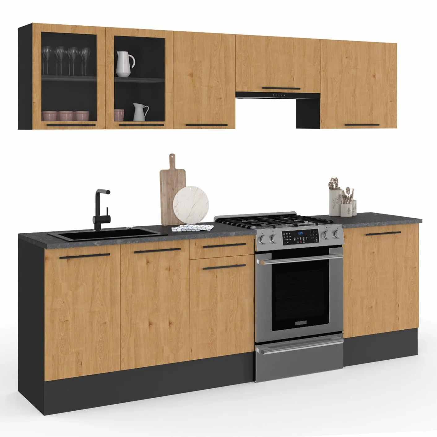 IDMarket - Cocina completa SUBTIL de 240 cm con vitrina + superficie de trabajo de 7 elementos en madera y negro