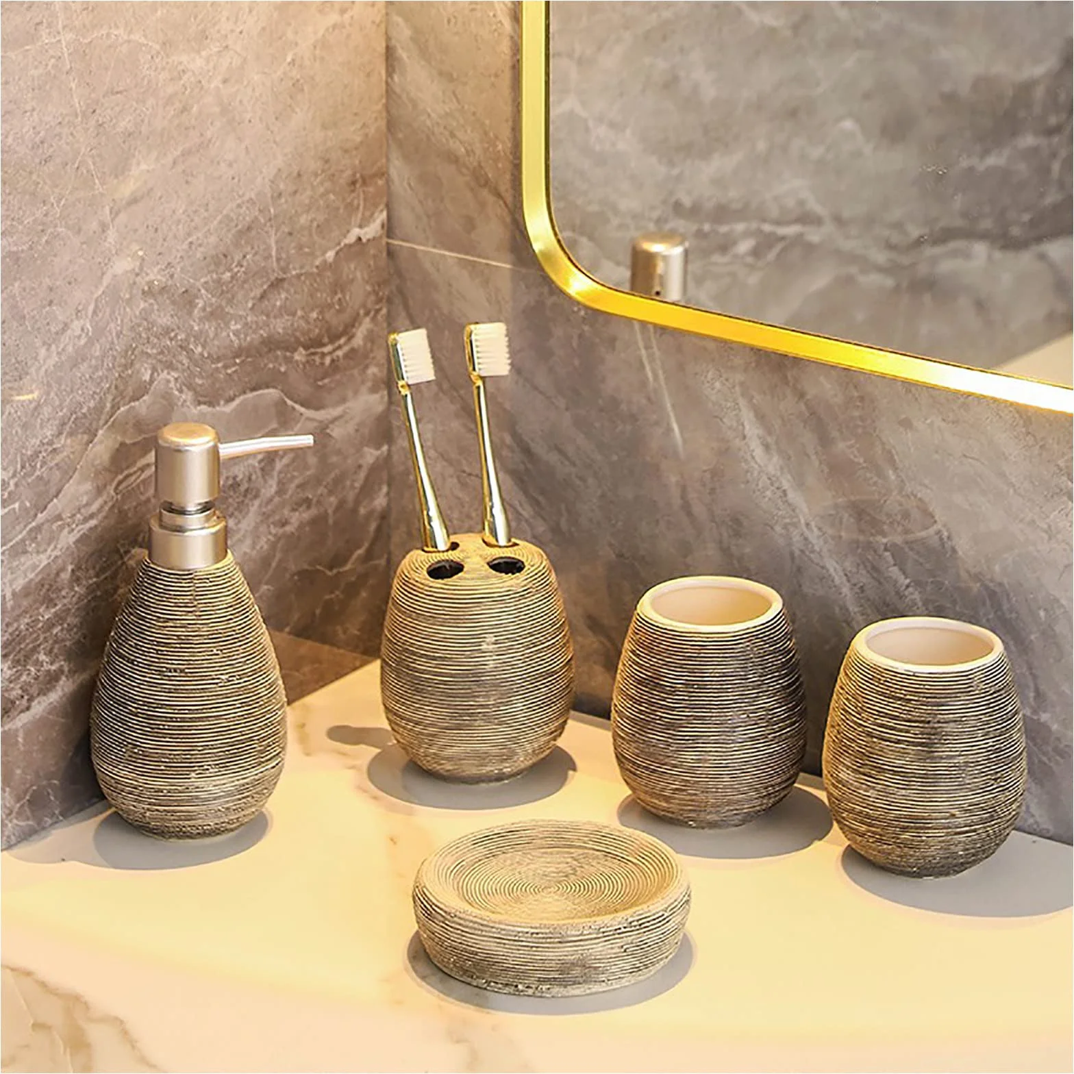 Juegos de Accesorios de baño, Acesorios Cuartos de Baño 5 Piezas con Dispensador Jabon Baño, Jabonera Baño, Porta Cepillo de Dientes, para Champú Gel de Ducha Cerámica Gris
