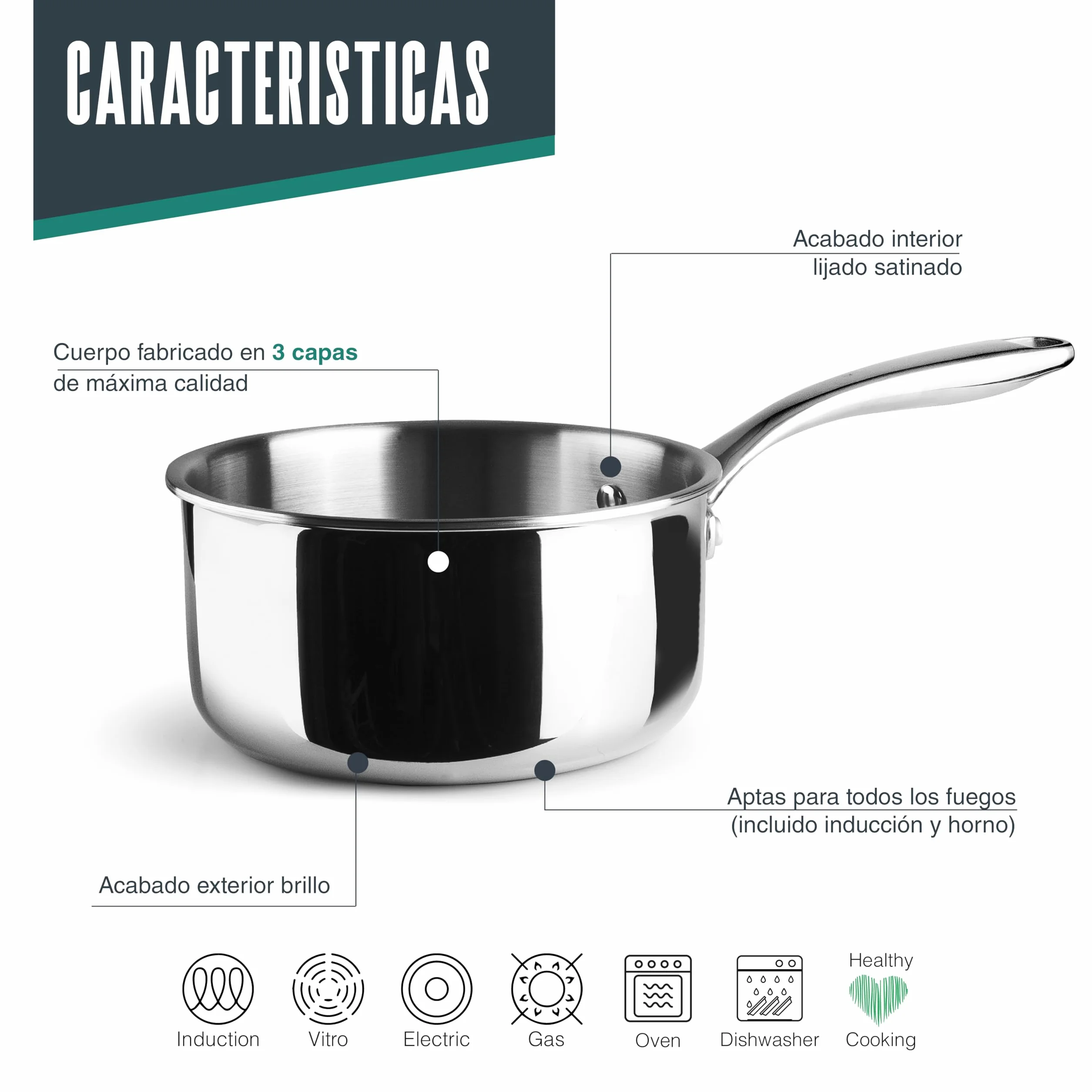 Lacor - 60868 - Cazo Trichef, 2,5 L, 18 cm, Tricapa de Acero Inoxidable 18/10 y Aluminio 1060, Mango de Acero Fundido, Apto para Inducción, Horno y Lavavajillas