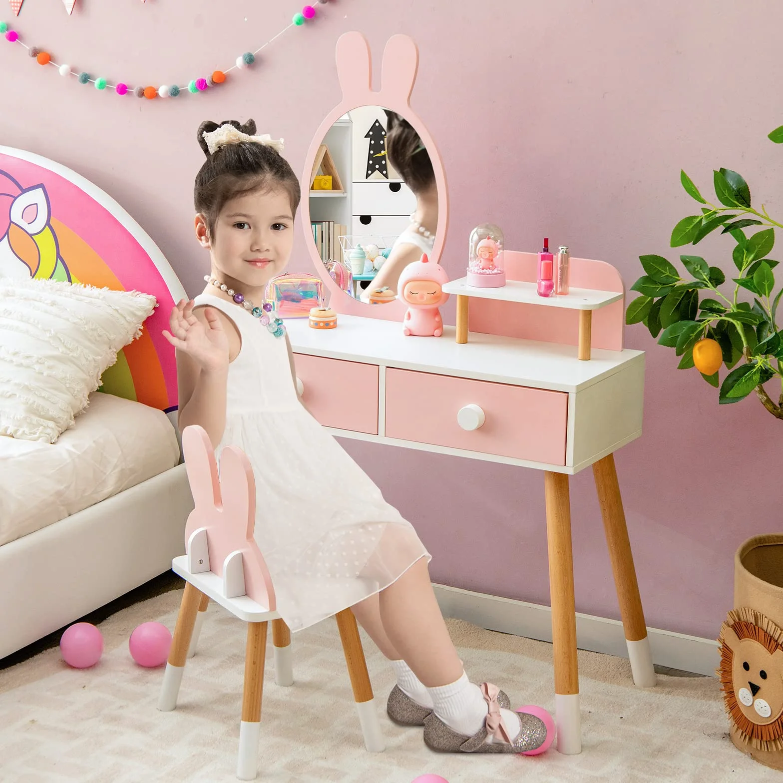 RELAX4LIFE 2 en 1 Tocador de Maquillaje para Niña con Espejo Extraíble, Taburete, 2 Cajones, 3 Accesorios, Madera, Rosa 3-7 Años