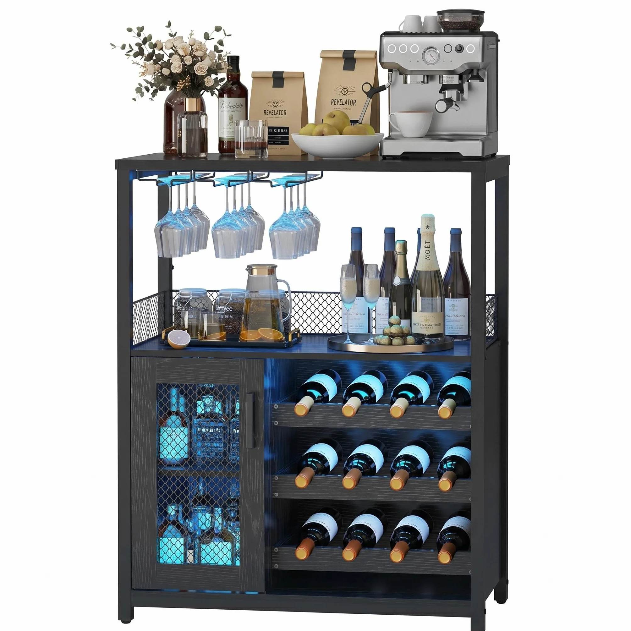 Garvee Armario para Vino Industrial con LED, Mueble Bar con Estante Ajustable 12 Botellas, Soporte para Copas, Puerta de Vidrio y Rejilla Metálica, para Cocina, Comedor o Salón, Negro 69 x 35 x 92 cm