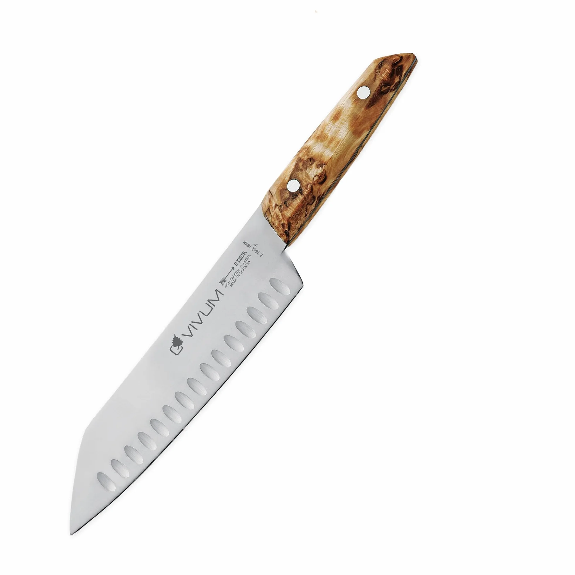 F.DICK Santoku VIVUM (con hoja de 18 cm, con filo biselado y mango de madera de abedul, 58 HRC, hoja delgada, cuchillo de cocina) 83642182KH