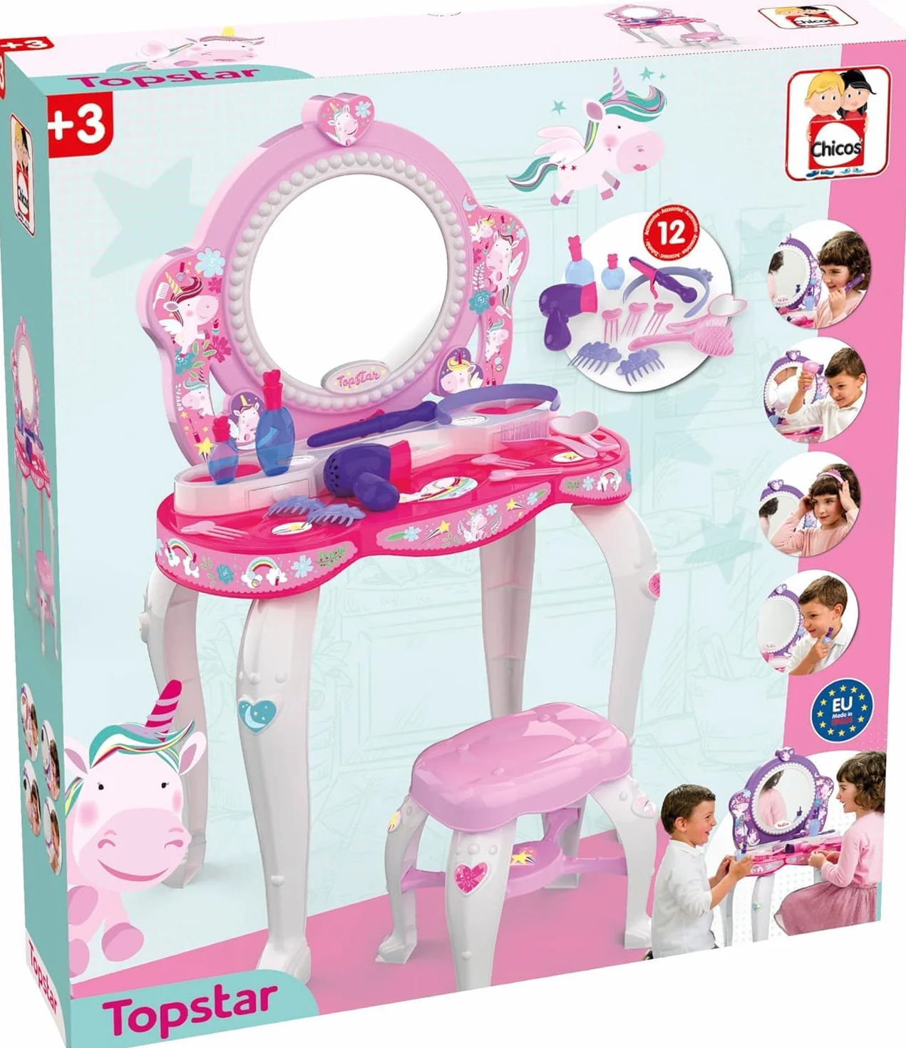 Tocador Infantil Top Star Unicornio para Niñas con Espejo, Taburete y 12 Accesorios