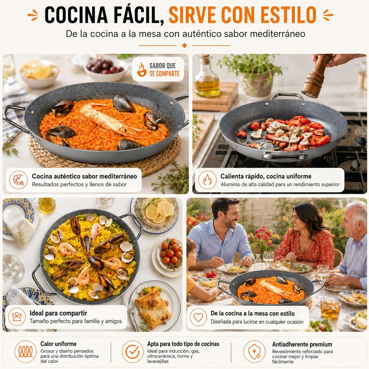TEHORNEO Paellera Induccion, Paellera 34 cm de Antiadherente 5-6 raciones, Paella Induccion, Paella 34 cm Compatible con Inducción, Vitrocerámica, Gas y Electrica, Paelleras Grandes