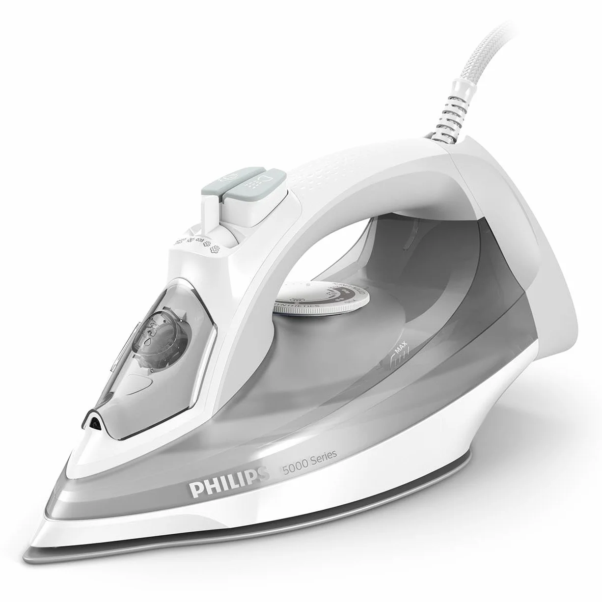 Philips 5000 Plancha de Vapor, Potencia de 2400W, depósito 320 ml, Blanco | Golpe de vapor 160g, 40g/min continuo, suela SteamGlide Plus, vapor vertical, Antigoteo, plancha compacta (DST5010/10)