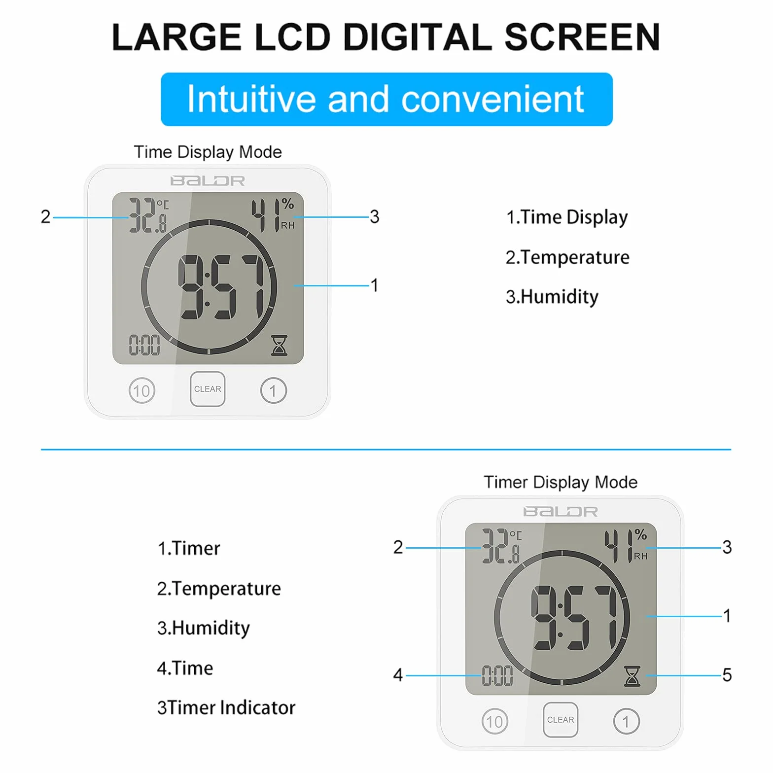 Reloj de pared digital para ducha con alarma pantalla temperatura humedad cuenta regresiva LCD grande