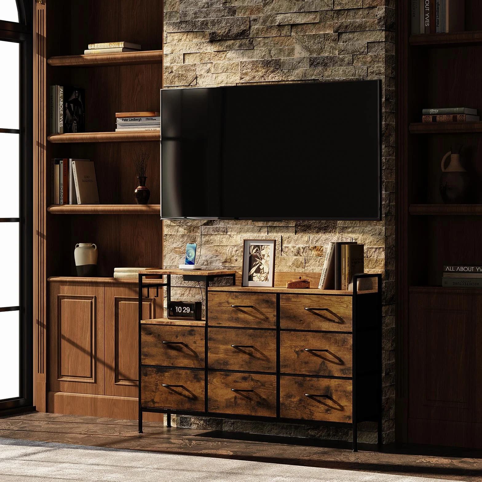 WOLTU Cómoda Dormitorio 8 Cajones de Tela, Estantes de Madera, Armario Comoda de Salon, Cajas Organizadoras, Estructura Metalica, Estilo Industrial, SSK007hov