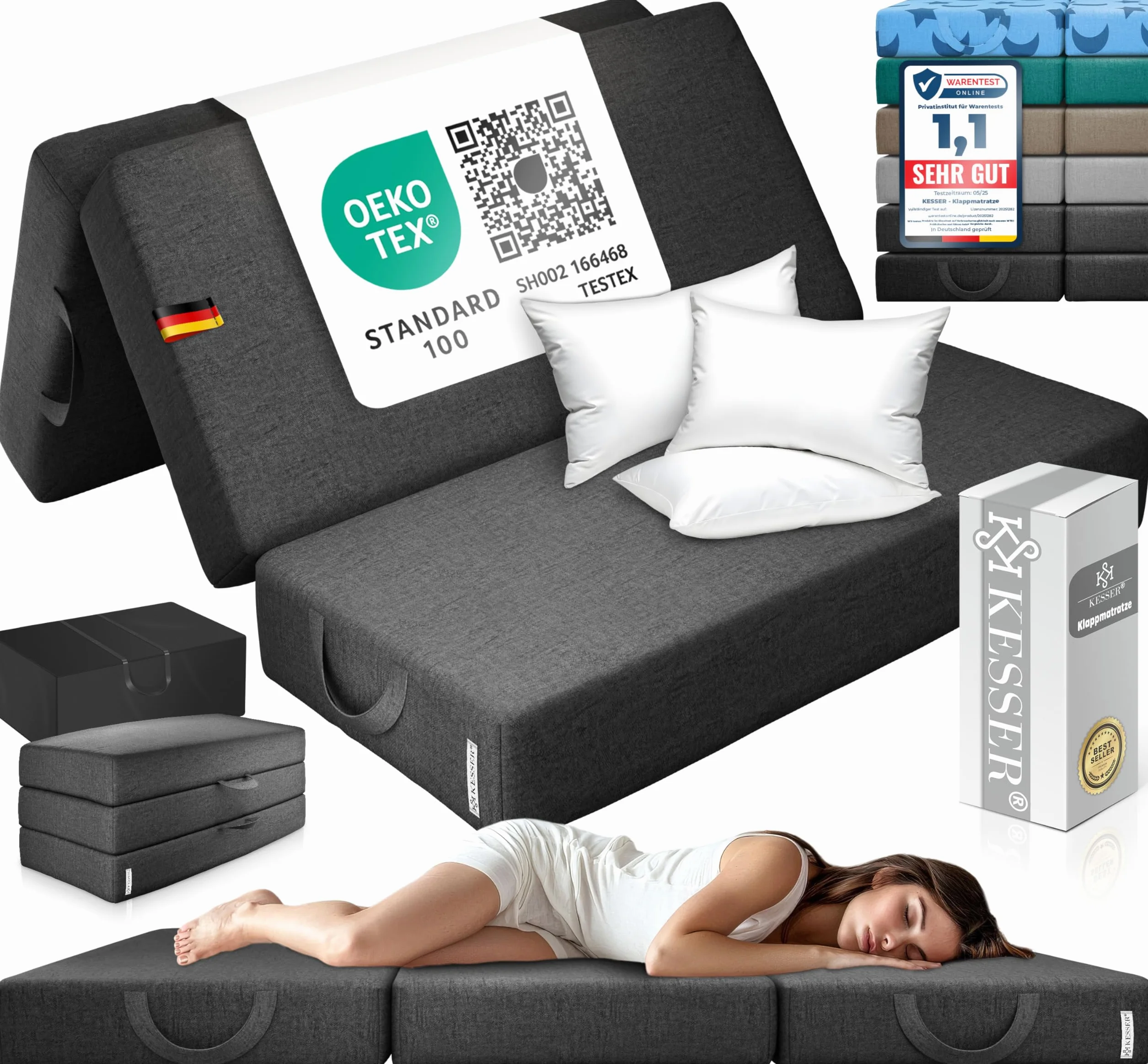 KESSER® Colchón plegable de 120 x 195 x 15 cm, colchón para invitados plegable en 3 partes para taburete, colchón de espuma de 25 kg/m³, extragrueso, 15 cm, transpirable, lavable, funda extraíble