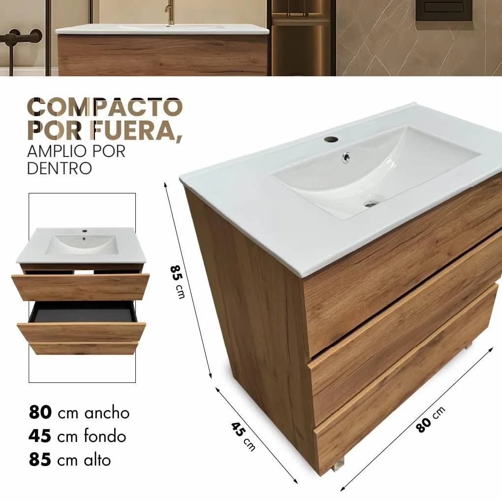 Mueble Baño con Lavabo 80 cm Compacto Preinstalado con Pie de Porcelana