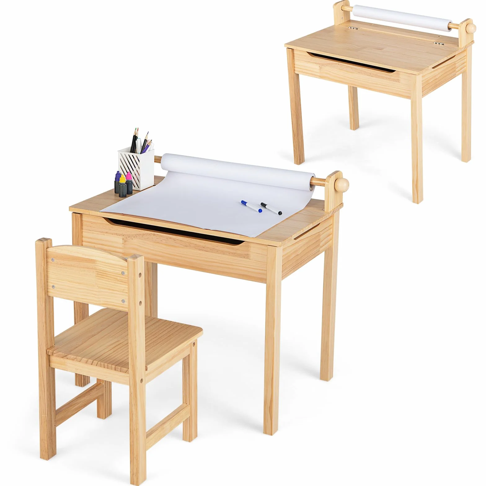 LIFEZEAL Juego de Mesa y Silla Infantil, pupitre Escolar con Silla y cajón, Escritorio con Tablero Plegable y portarrollos de Papel, Conjunto de pupitre para niños de 3 a 12 años (Natural)