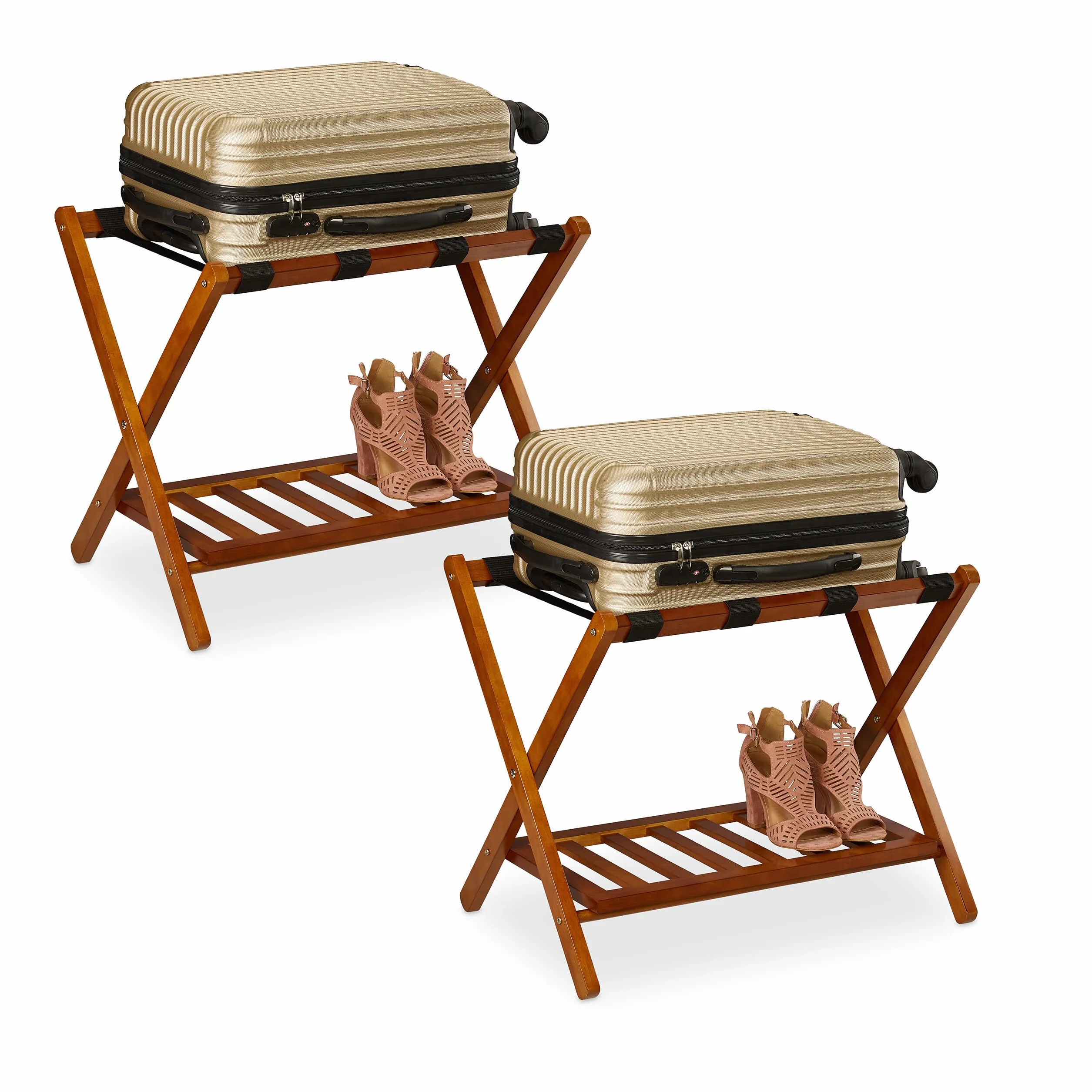 Relaxdays Pack 2 Soportes Maletas, Taburetes Equipaje Plegables, 54x66x45cm, Portabultos Madera Hotel, 2 Baldas, Natural