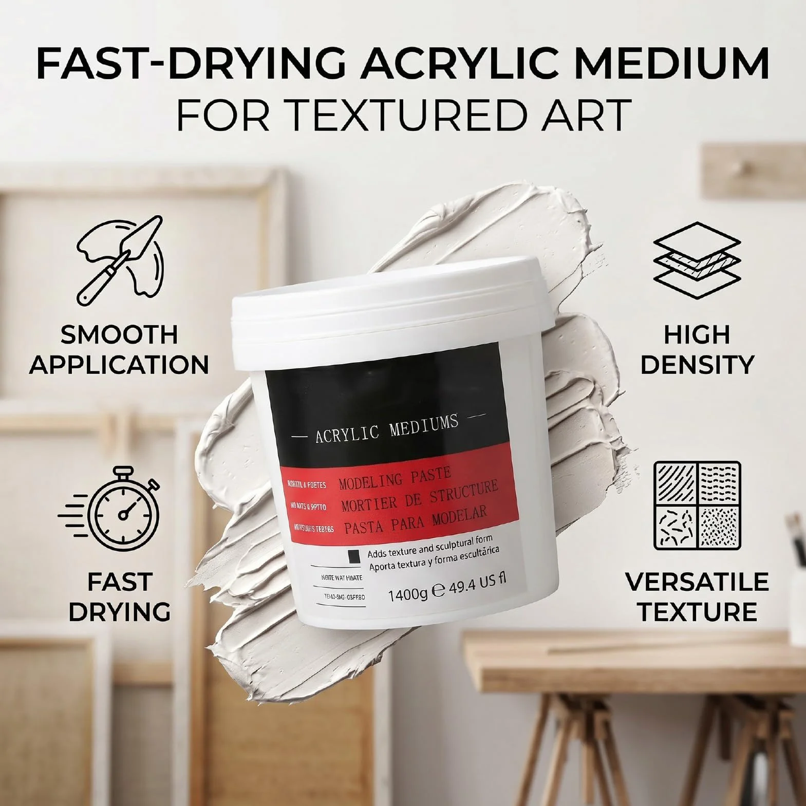 Sxhlseller Textura Acrílica de Cuerpo Pesado Medio 1400g |Pasta de Modelado de Alta Densidad y Secado Rápido para Lienzos, Madera y Pintura Artística Gruesa