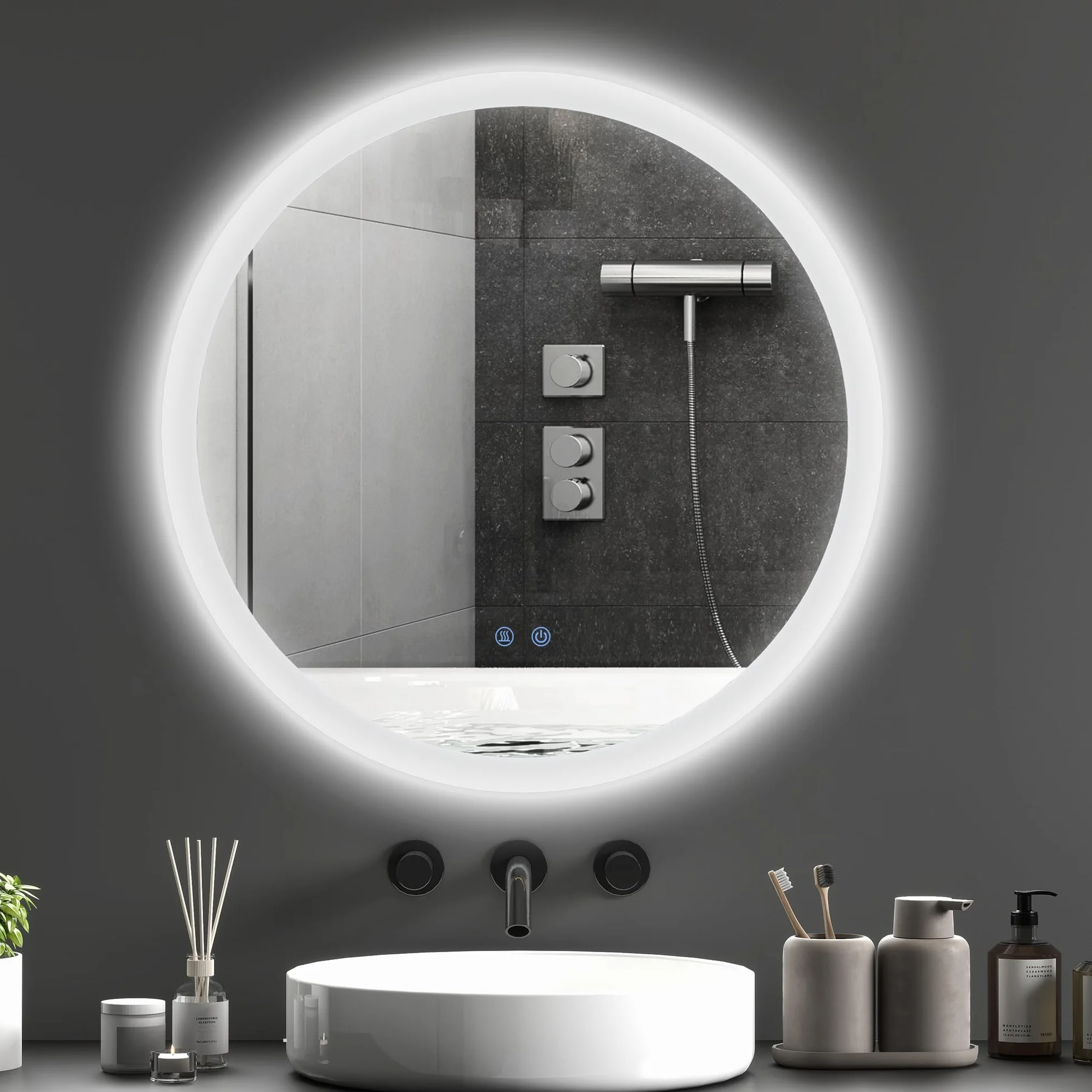kleankin Espejo Baño con Luz Redondo, Ø70 cm, Espejo de Pared con 3 Colores de Luz, Brillo Regulable, Función Antivaho, Función de Memoria, Interruptor Táctil, IP44, Plata