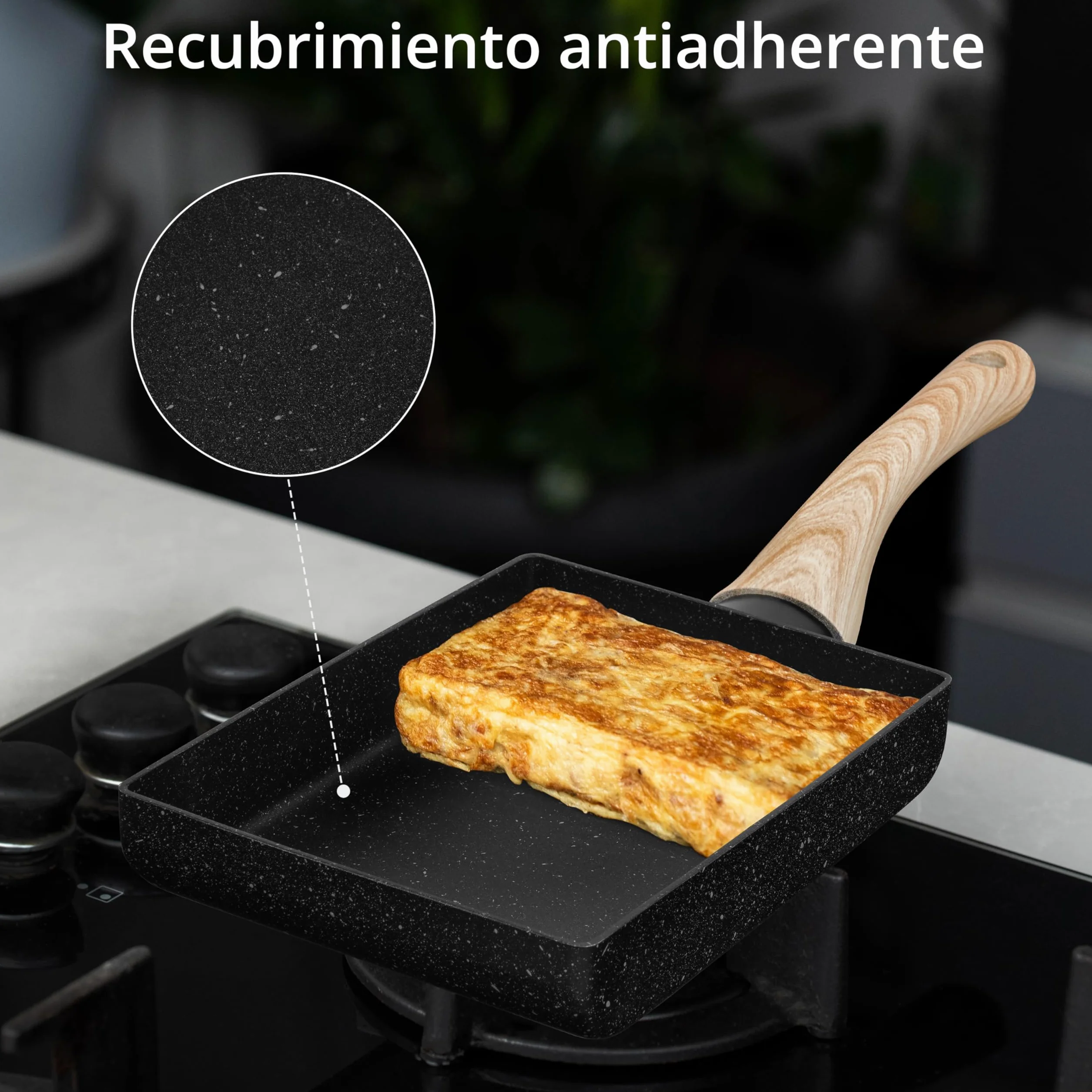 Winter Shore Juego de Sartén Tortilla Japonesa - Sarten Antiadherente Rectangular para Tamagoyaki con Mango de Madera - Incluye Plato, Cepillo para Aceite, Espátula, Palillos - Utensilios de Cocina