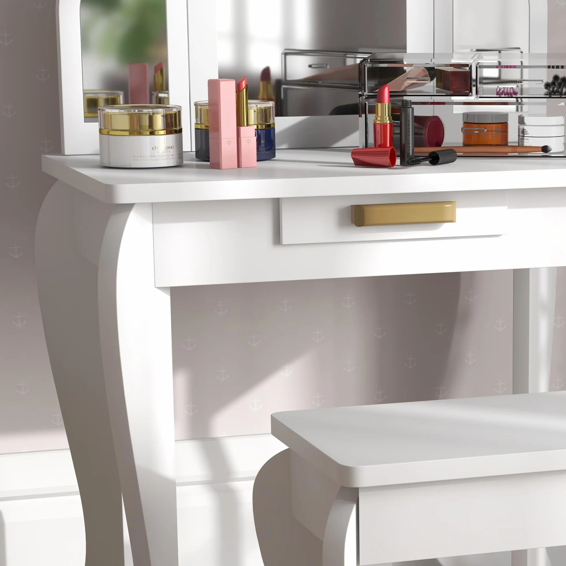 HOMCOM Tocador Infantil con Taburete y Espejo, Cajón, Mesa de Maquillaje para Niñas 3-6 Años, Blanco