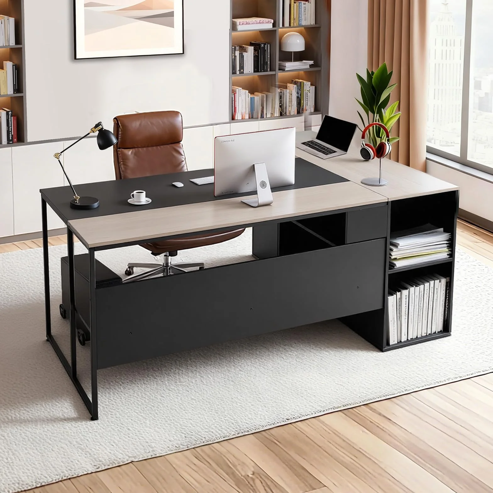 VEVOR Escritorio Ejecutivo en Forma de L, Amplio Escritorio Moderno con Cajones, Armario de Almacenamiento y Soporte para CPU, Madera, Soporta hasta 158,7 kg, para Trabajar, Estudiar y Escribir