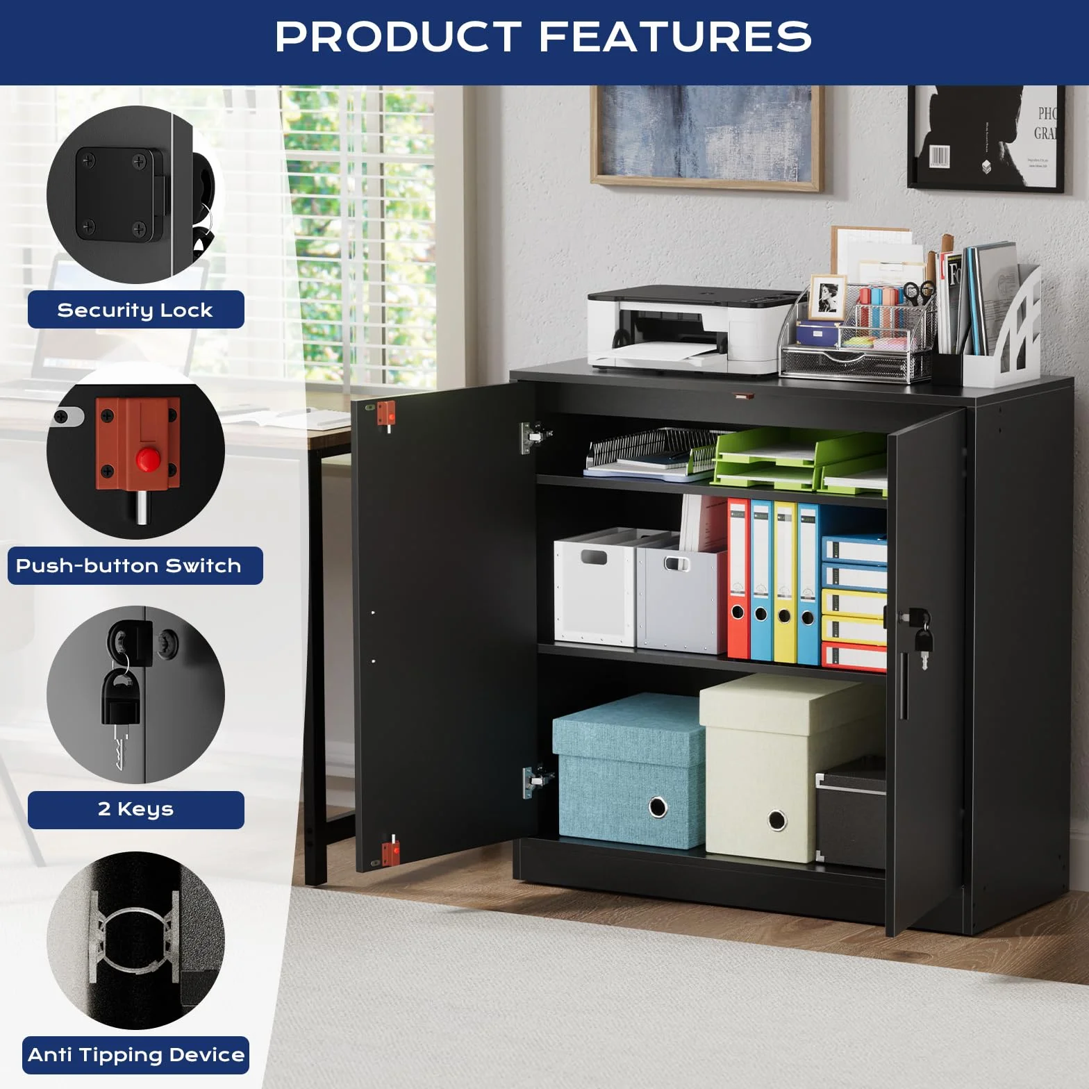 Armario Oficina con Cerradura Llave 2 Puertas, Armario Multiusos Almacenaje para Cocina Archivador Oficina Dormitorio Garaje Herramientas y Salon, Baldas Ajustable, 87 cm Fondo, Negro