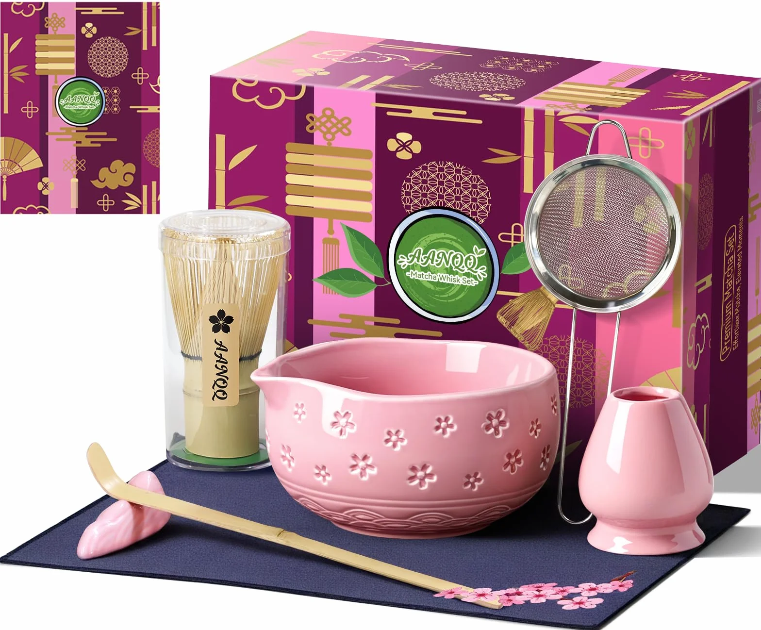 AANQQ Kit Matcha Rosa: Matcha Set 7 piezas - Cuenco de matcha con pico 560 ml - Chasen bambú matcha - Cuchara matcha y Colador de matcha Kit té matcha, Ideal para principiantes y amantes del matcha