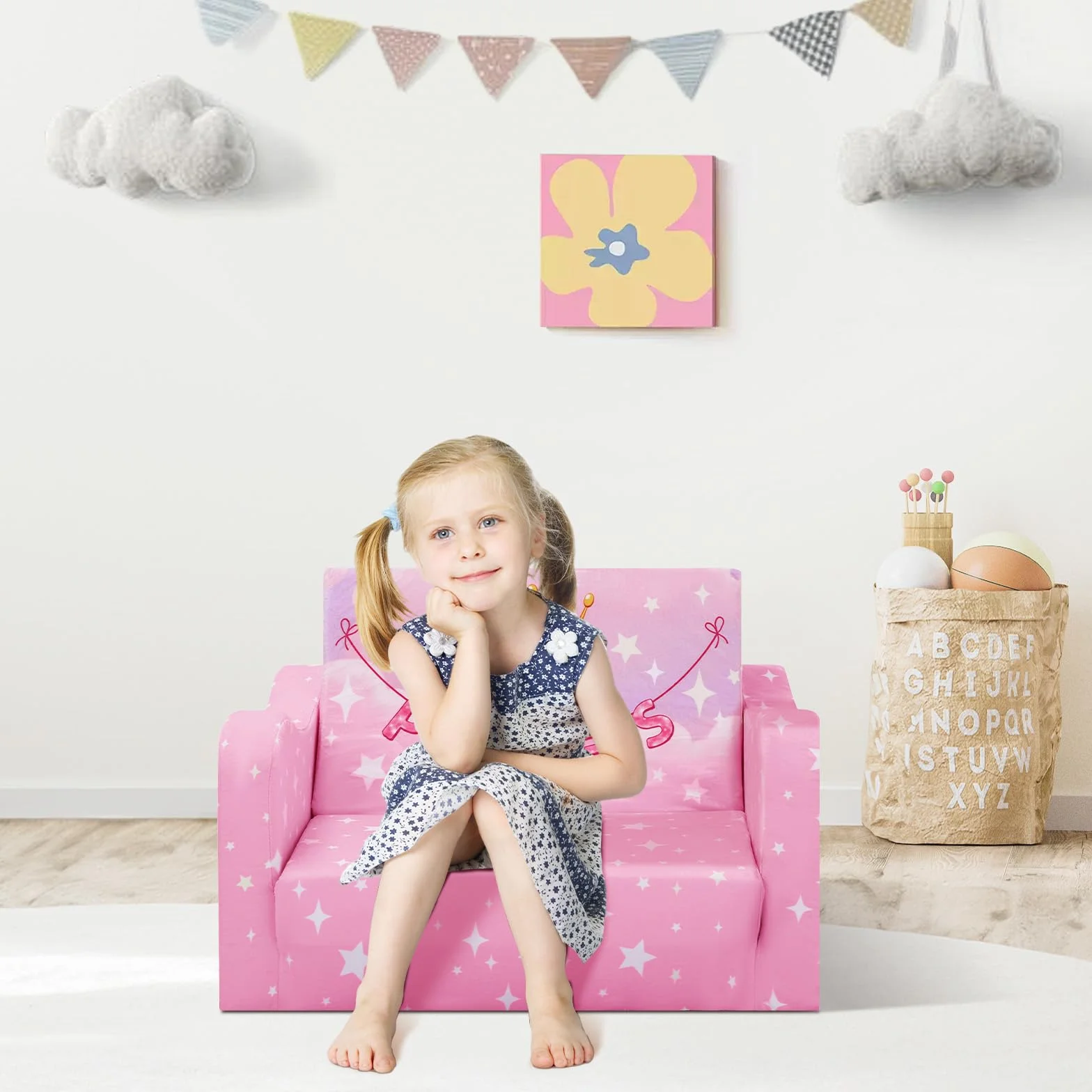 Convertible Sofa para Niños 2 en 1, Suave Cómoda Sofa para Niñas y Niños, Estable Silla Plegable Niño para Dormitorio Sala de Juegos,Rosa Princesa
