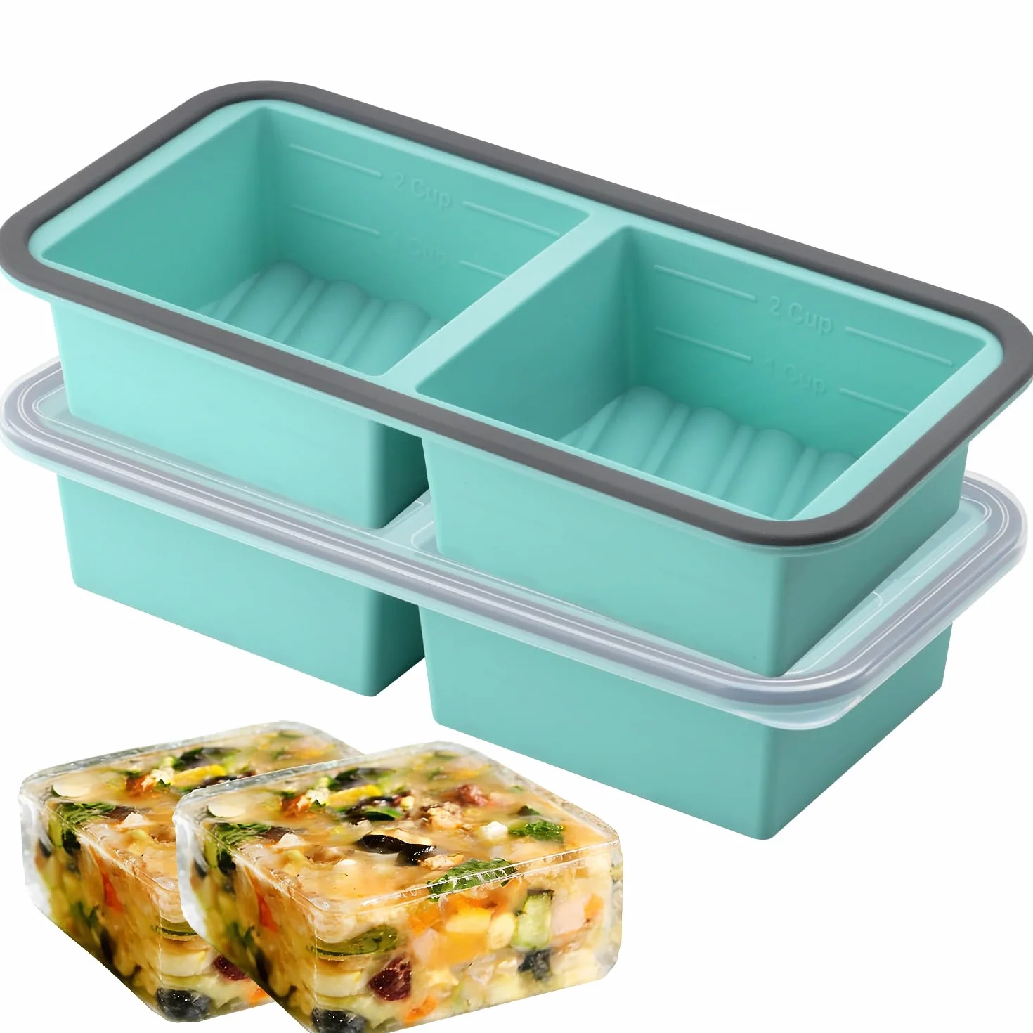 Bandejas de silicona para congelador con tapas, paquete de 2, moldes apilables para congelador de sopa con borde reforzado de acero, bandejas de silicona grandes para congelar caldo, salsa y