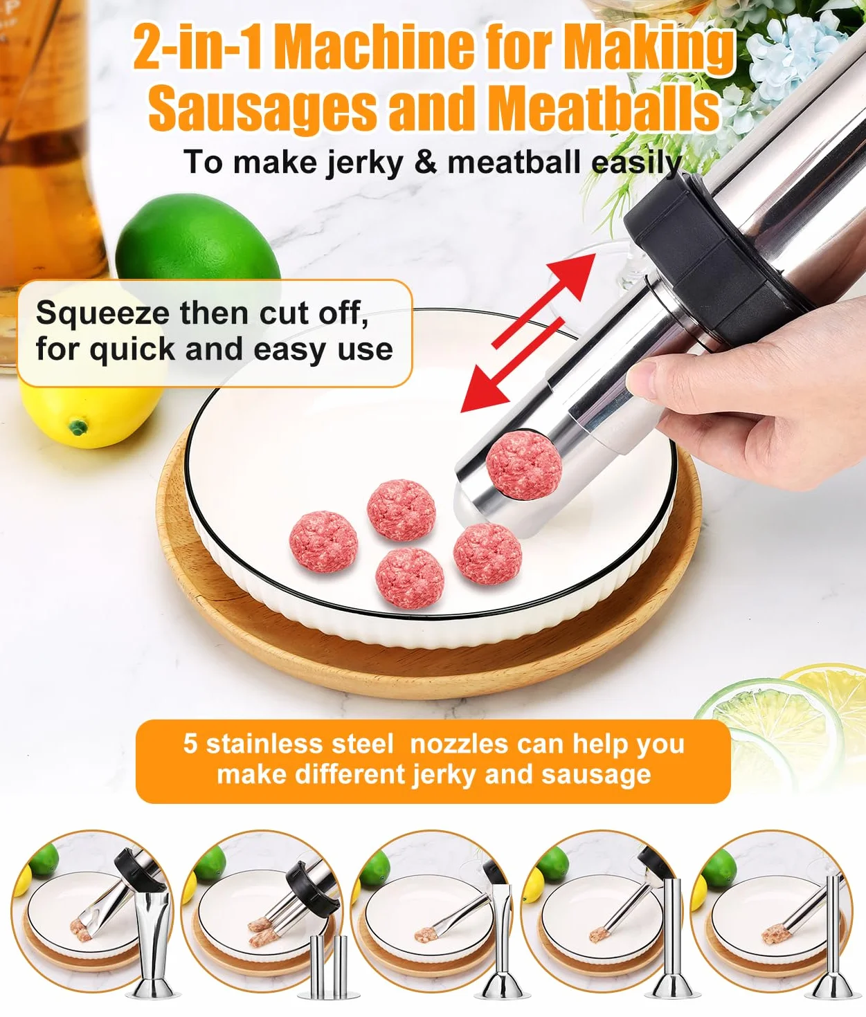 HK Kits de pistola de cecina, pistola para hacer cecina, máquina de albóndigas, pistola de acero inoxidable de 2.5 libras para hacer salchichas con 5 boquillas de acero inoxidable, 2 cepillos de