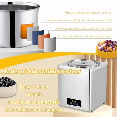 Calentador de Perlas Comercial Olla Aislante Tapioca 300-600 W Control Temperatura 30-100 °C Panel Táctil 3L