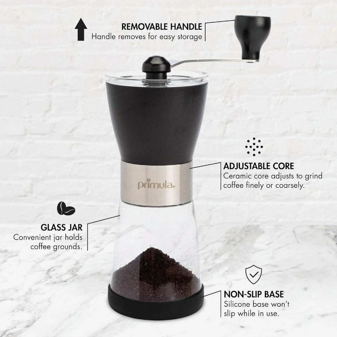 Primula Molinillo de café manual ajustable para fresas, molino de cerámica y cuerpo de acero inoxidable cepillado, grano entero para prensa francesa, cerveza fría, espresso, camping