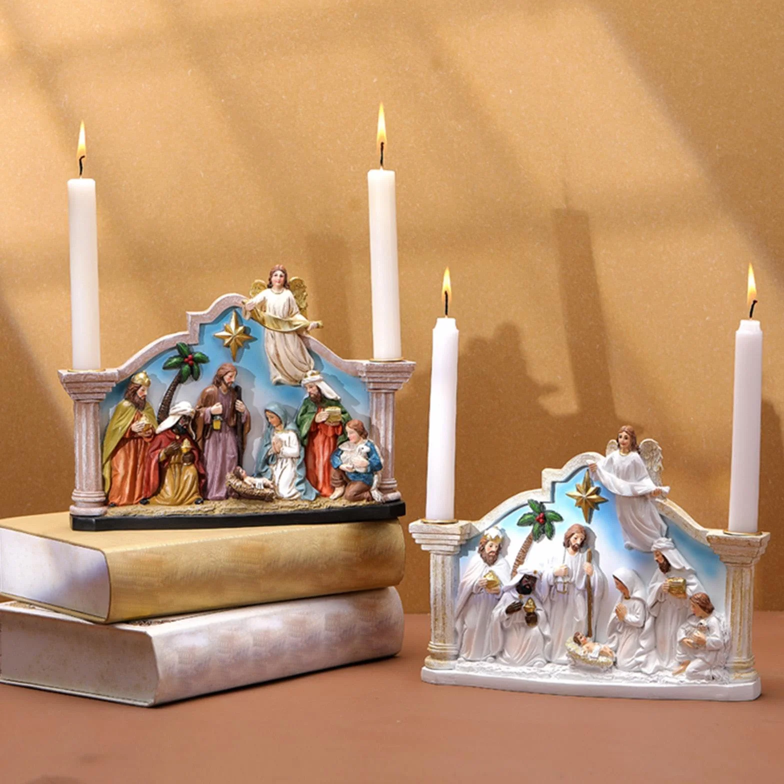 Santa Familia de resina Belén de Navidad, soporte para velas, soporte para velas de Adviento, figuras para el belén