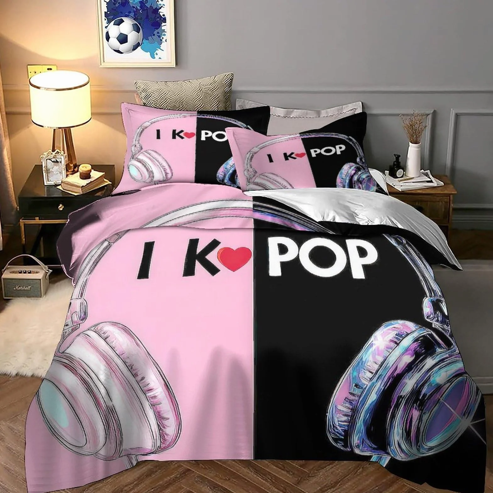 Funda Nórdica 3D Impresa K-Pop Música Microfibra Decoración Dormitorio Juego de Ropa de Cama Auriculares Jóvenes Adultos Super King（260x220cm）