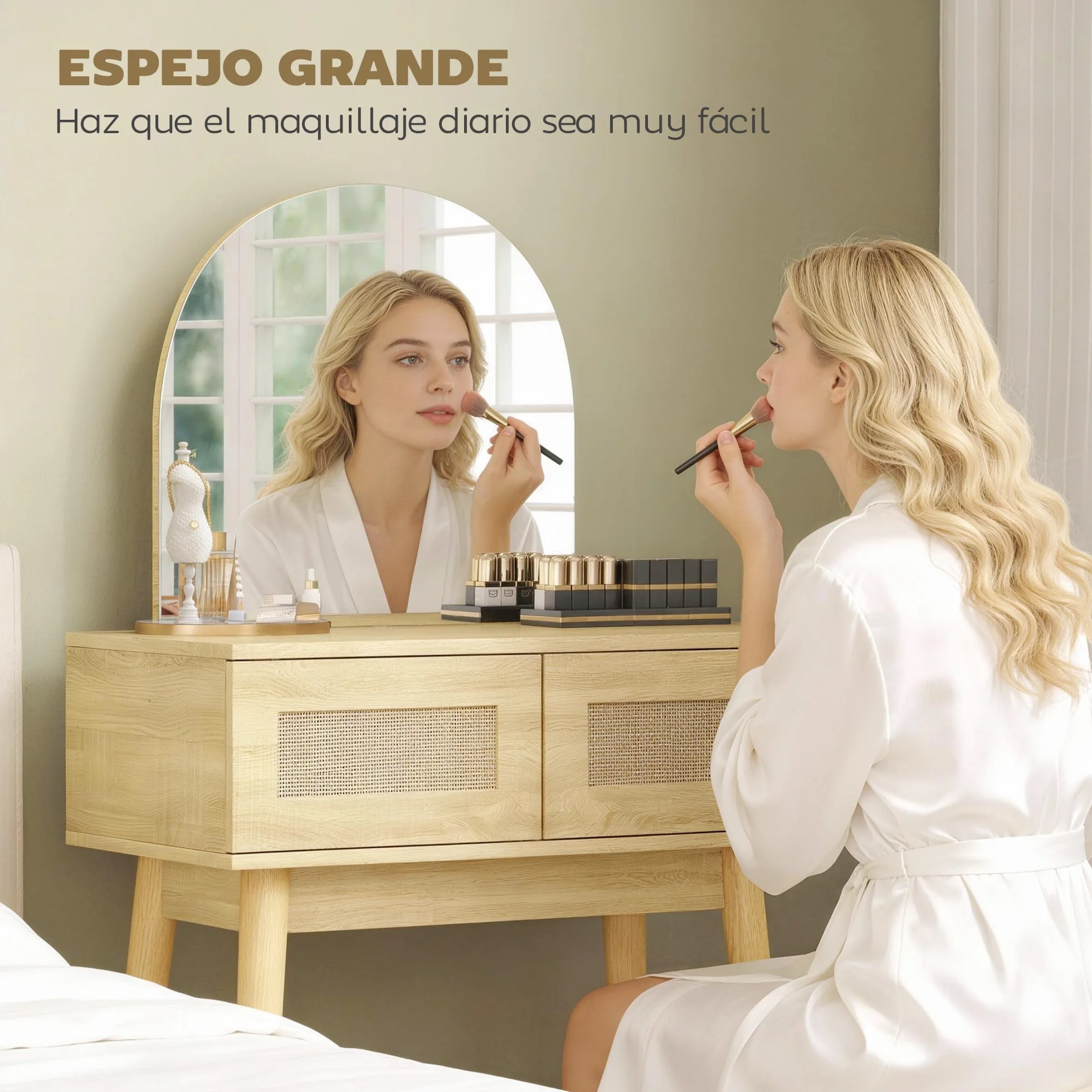 HOMCOM Tocador con Espejo Arqueado, Mesa de Maquillaje Moderna con 2 Cajones con Frontal de Ratán, Tocador de Maquillaje para Dormitorio, Espacios Pequeños, Natural