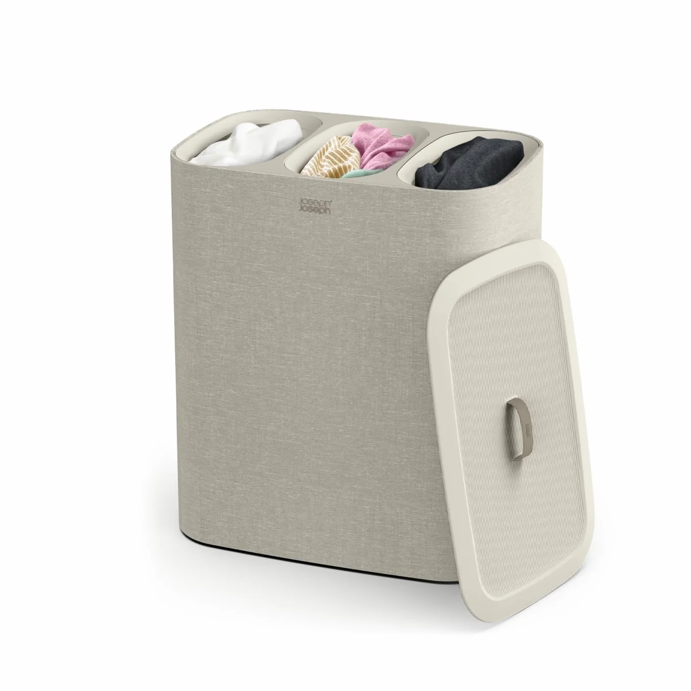 Joseph Joseph Tota Trio, Cesto de la ropa sucia con tapa, 90 litros, sistema de separación colada con 3 bolsos extraíbles con asas, Beige