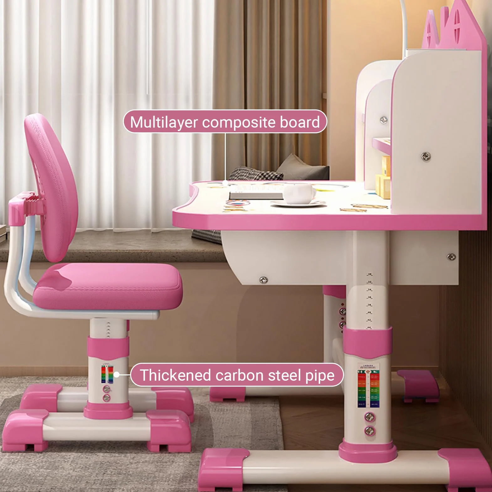 Escritorio de Estudio para Niños y Niñas con Silla Rosa Ajustable y Almacenamiento