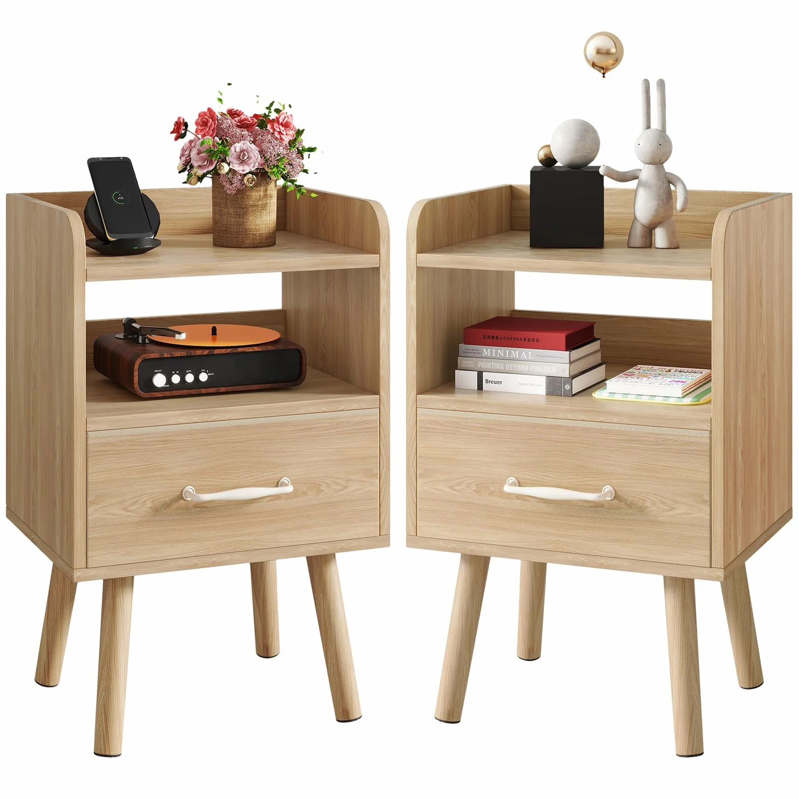 YMYNY Set de 2 Mesitas de Noche, Mesa Auxiliar de Sofá, Mesa de Madera, Cajón con Tela Removible, Ripiano Abierto, 39x29x62 cm, para Dormitorio, Salón, Natural HST021N-2