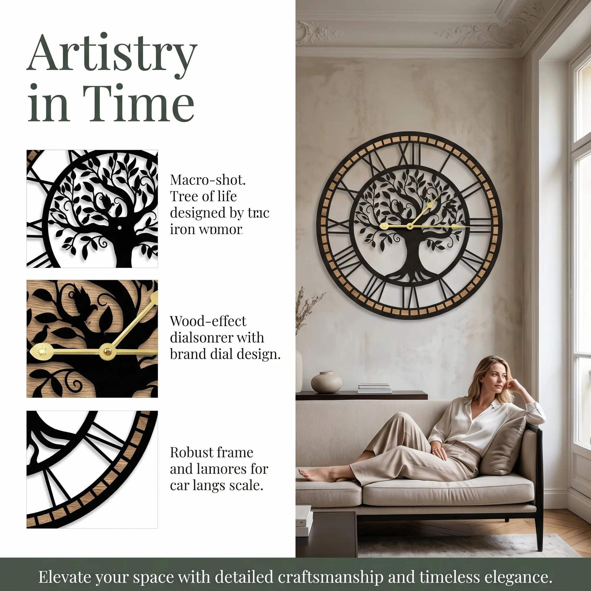 Reloj de Pared Grande con diseño de árbol de la Vida, Negro y Madera, números Romanos, Redondo, 40 cm, para Sala de Estar
