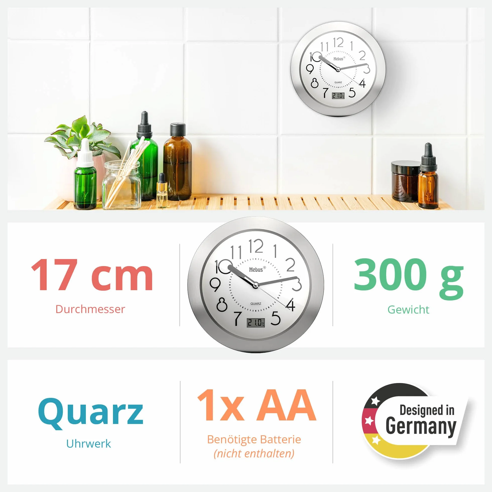 Reloj de baño de Cuarzo con Pantalla Digital, Marco de Aluminio, Blanco