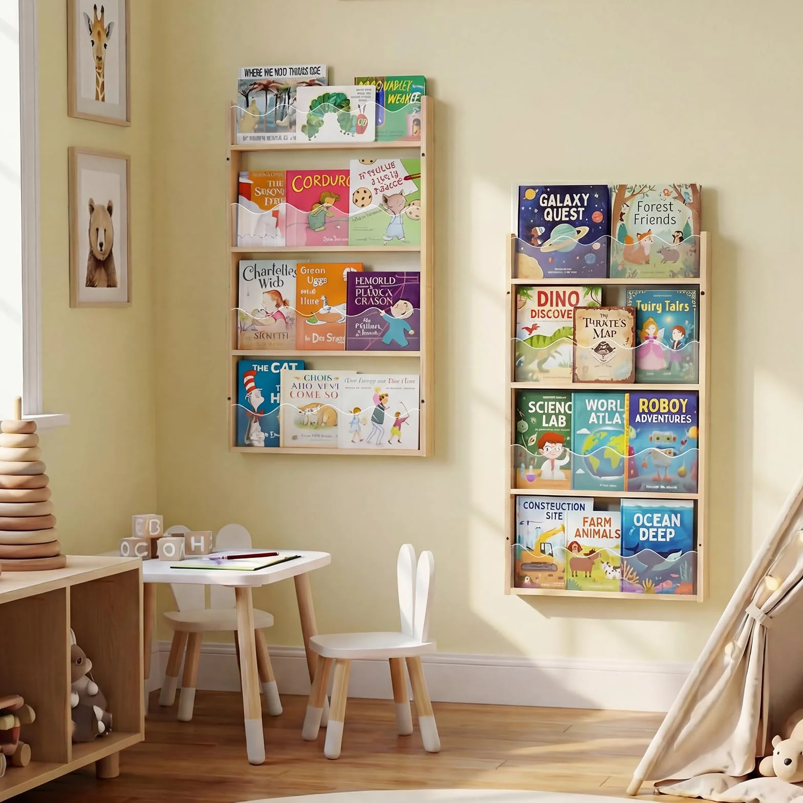 Librería Infantil de Pared 4 Niveles Madera y Acrílico, Estantería para Libros Flotante Habitación Bebé, librería Montessori para bambinis, contenidos per libri per Bambini per angolo lettura