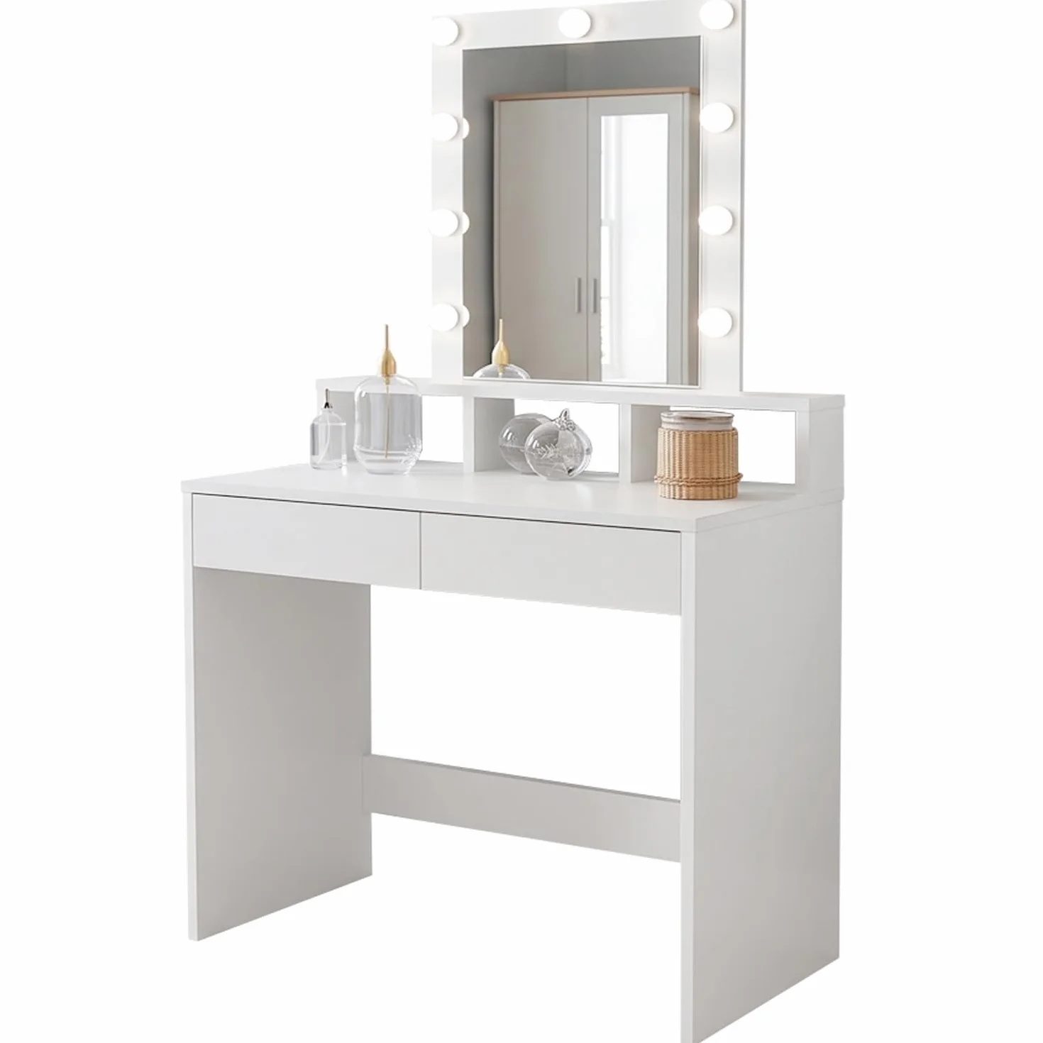 DORMIDAN Tocador de Maquillaje Grande con Espejo y Luces Led. Mesa 2 cajones y 2 estantes (Blanco)