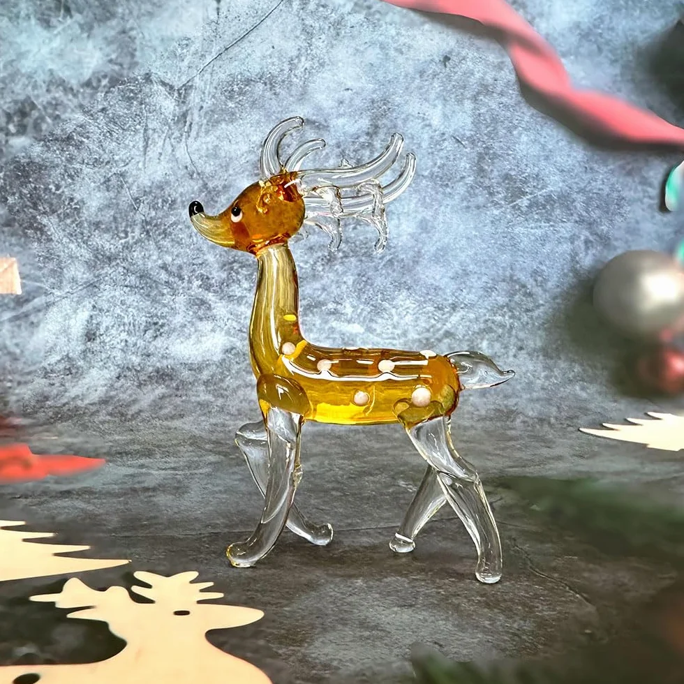 Figura de Ciervo de Cristal Dorado Hecho a Mano, Miniatura de Vidrio Soplado, Decoración Coleccionable