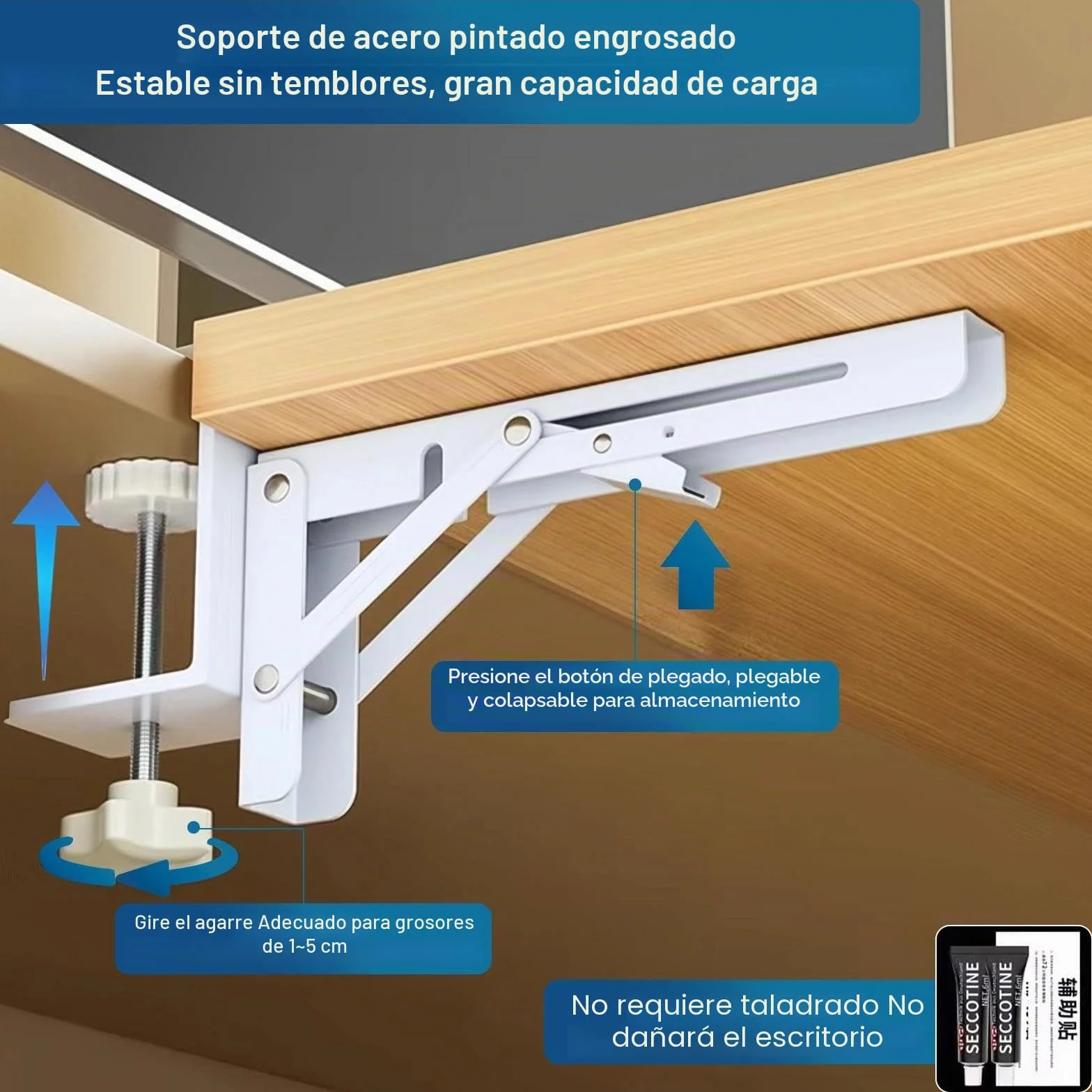 Soporte de Extensión de Escritorio Plegable Ajustable con Pinza en C para Teclado, Blanco