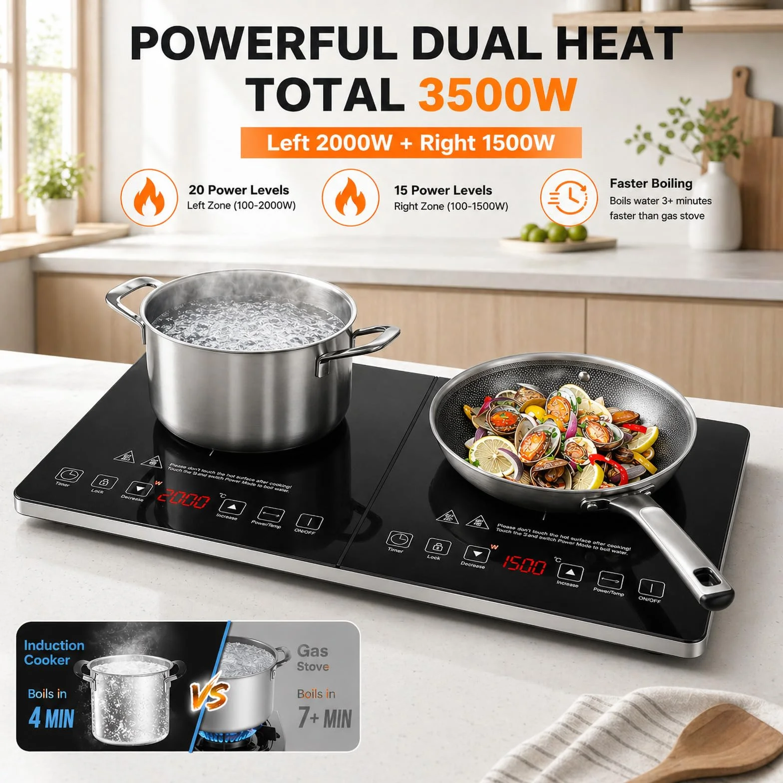 AMZCHEF Placa Inducción 2 Fuegos, Placa de Inducción Doble con Control Independiente, Bisel de Plata de Moda, 20 Niveles de Temperatura, Múltiples Niveles de Potencia, Temporizador de 3 Horas, 3500W