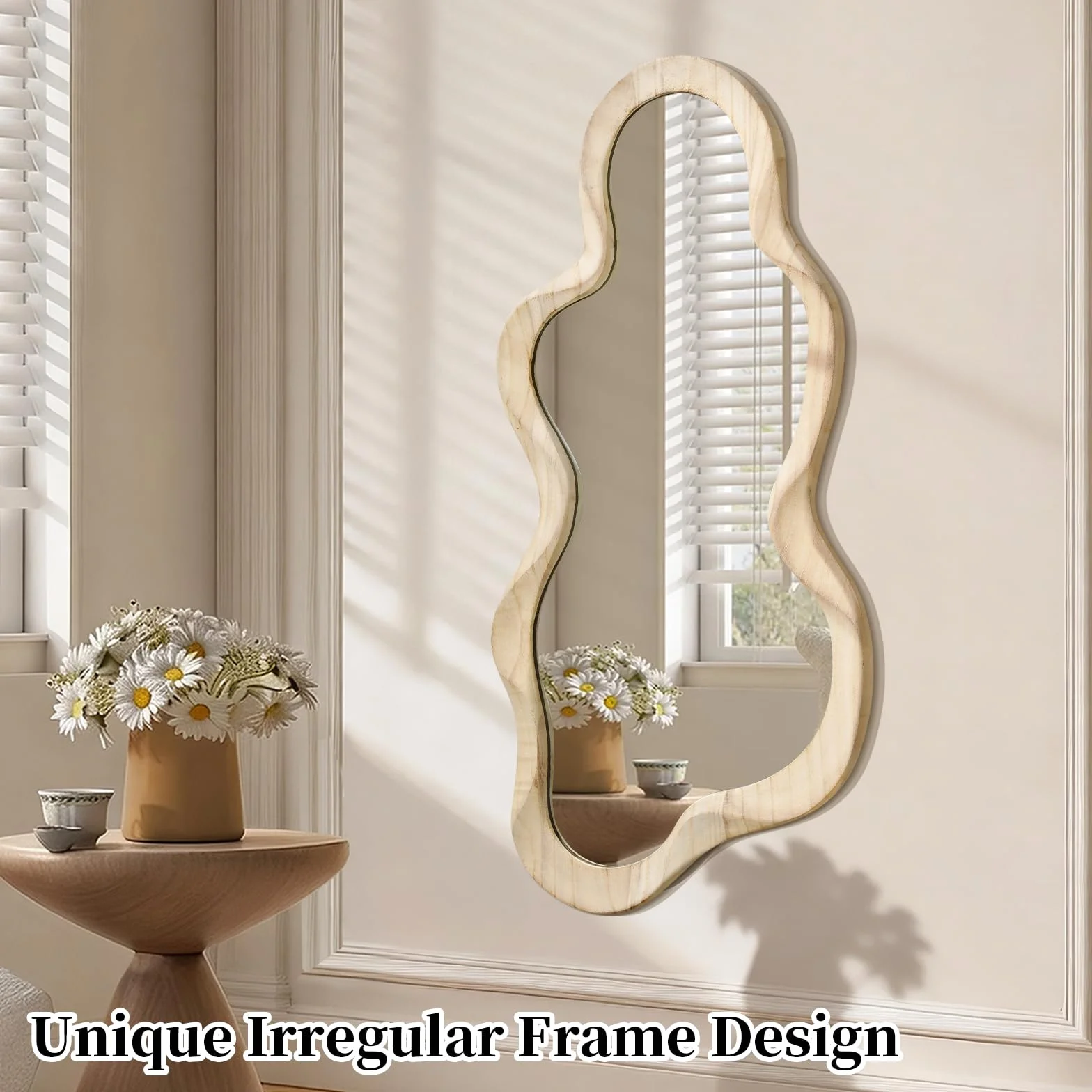 Espejo asimétrico para decoración de pared, gran espejo de pared moderno con marco de madera, forma única, espejo artístico montado en la pared, decorativo para sala de estar, dormitorio, baño