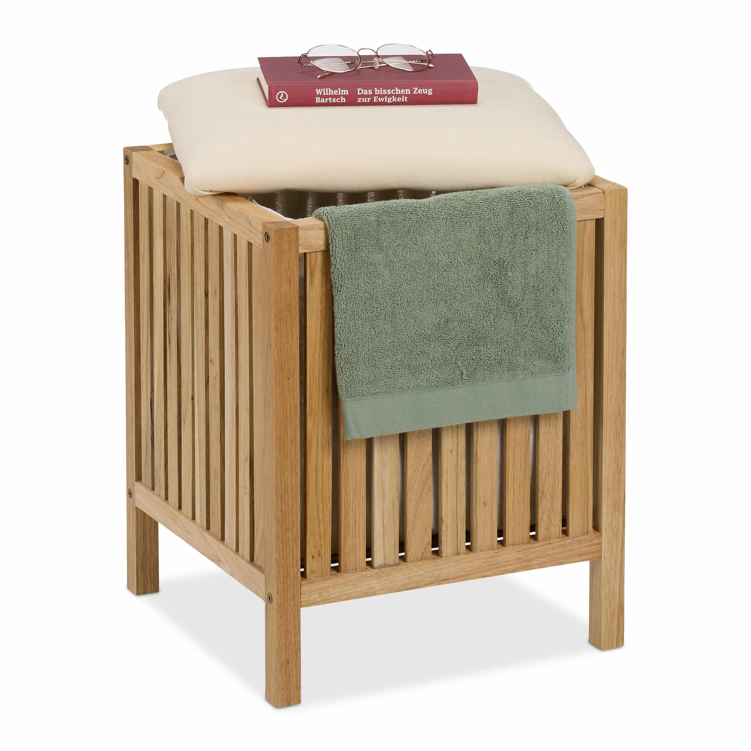 Relaxdays Cesto Ropa Sucia con Asiento, Tabuerete Almacenaje Colada, 30 L, 51 x 38 x 38 cm, Madera, Tela, Natural/Blanco