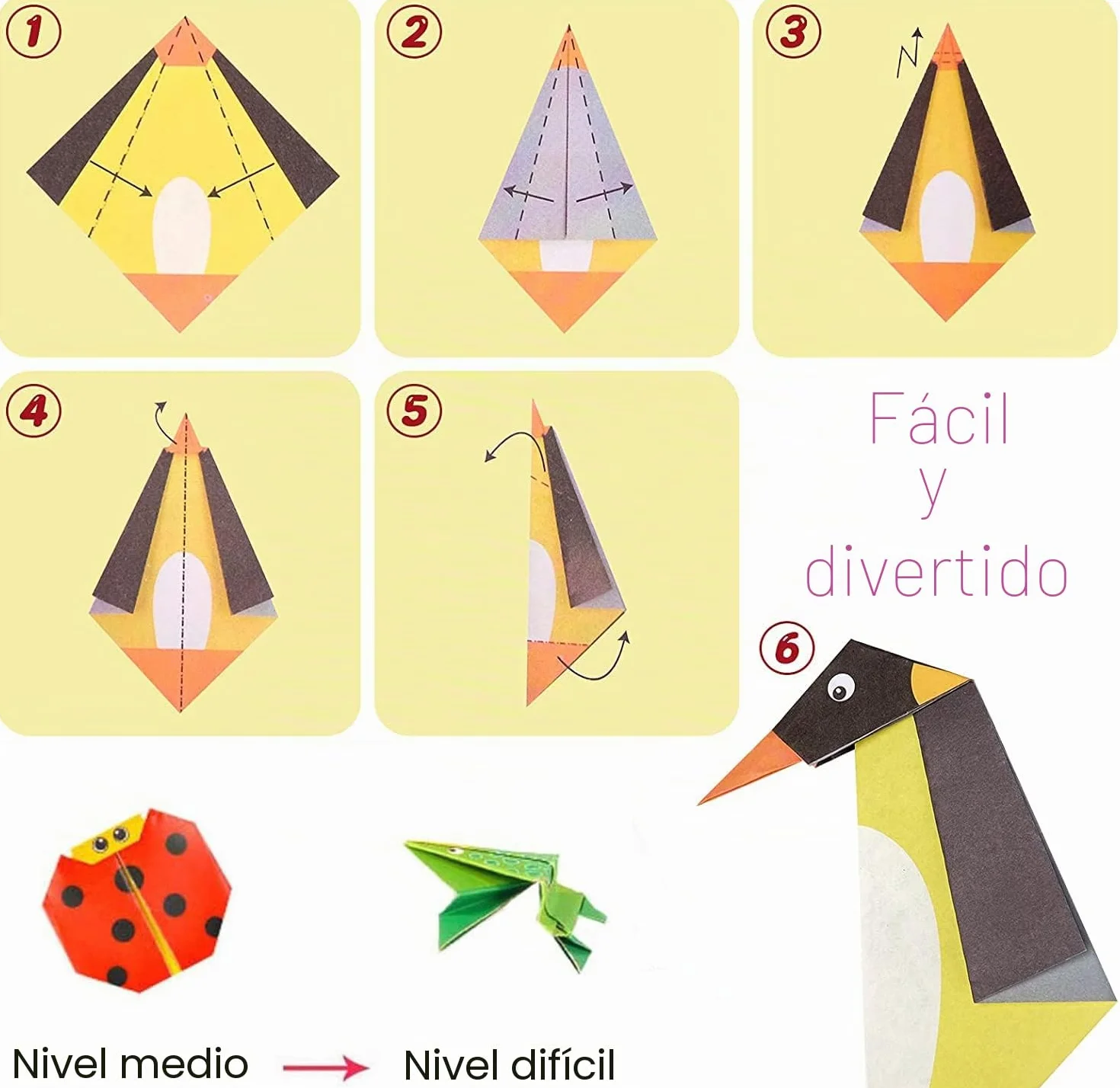 Kit de Origami 108 Hojas 14x14 cm Papel Doble Cara Vívido con Libro en Inglés para Principiantes
