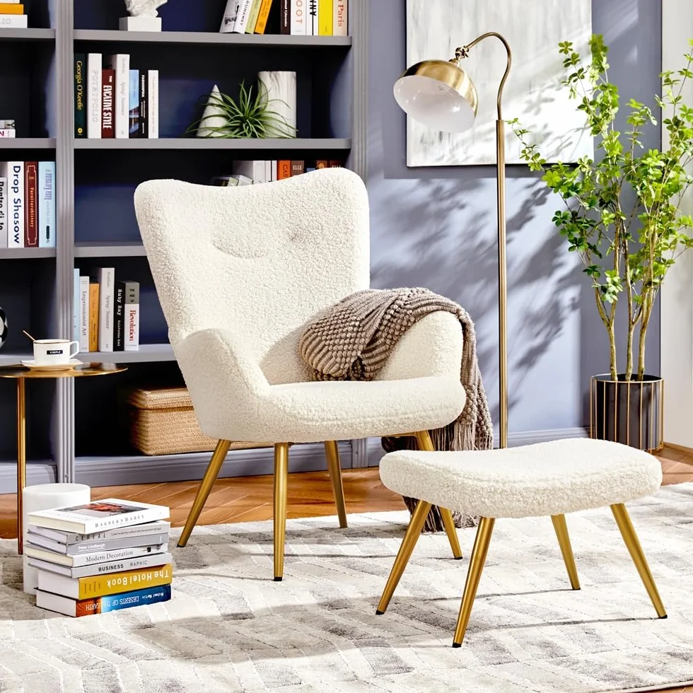 Yaheetech Sillón Orejero con Reposapiés Butaca de Salón Tapizada en Bouclé Sillón Lectura con Otomana de Respaldo Alto Ergonómico Soporte 136kg Ideal para Salón Dormitorio Oficina Marfil