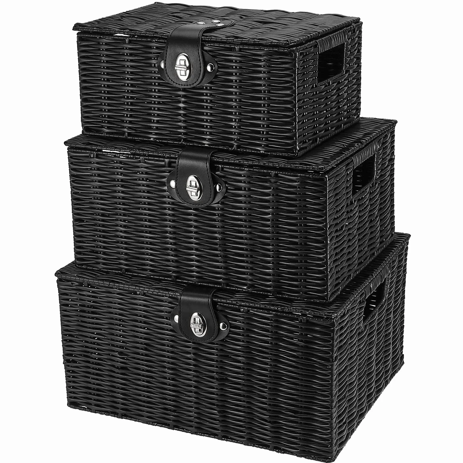 HAKZEON - Cesta Almacenaje, Juego de 3 Negro Cestas Organizadoras de Mimbre con Tapa y Cerradura, Cestas Apilables Tejidas a mano, Cesta para Almacenamiento de Baño, Dormitorio