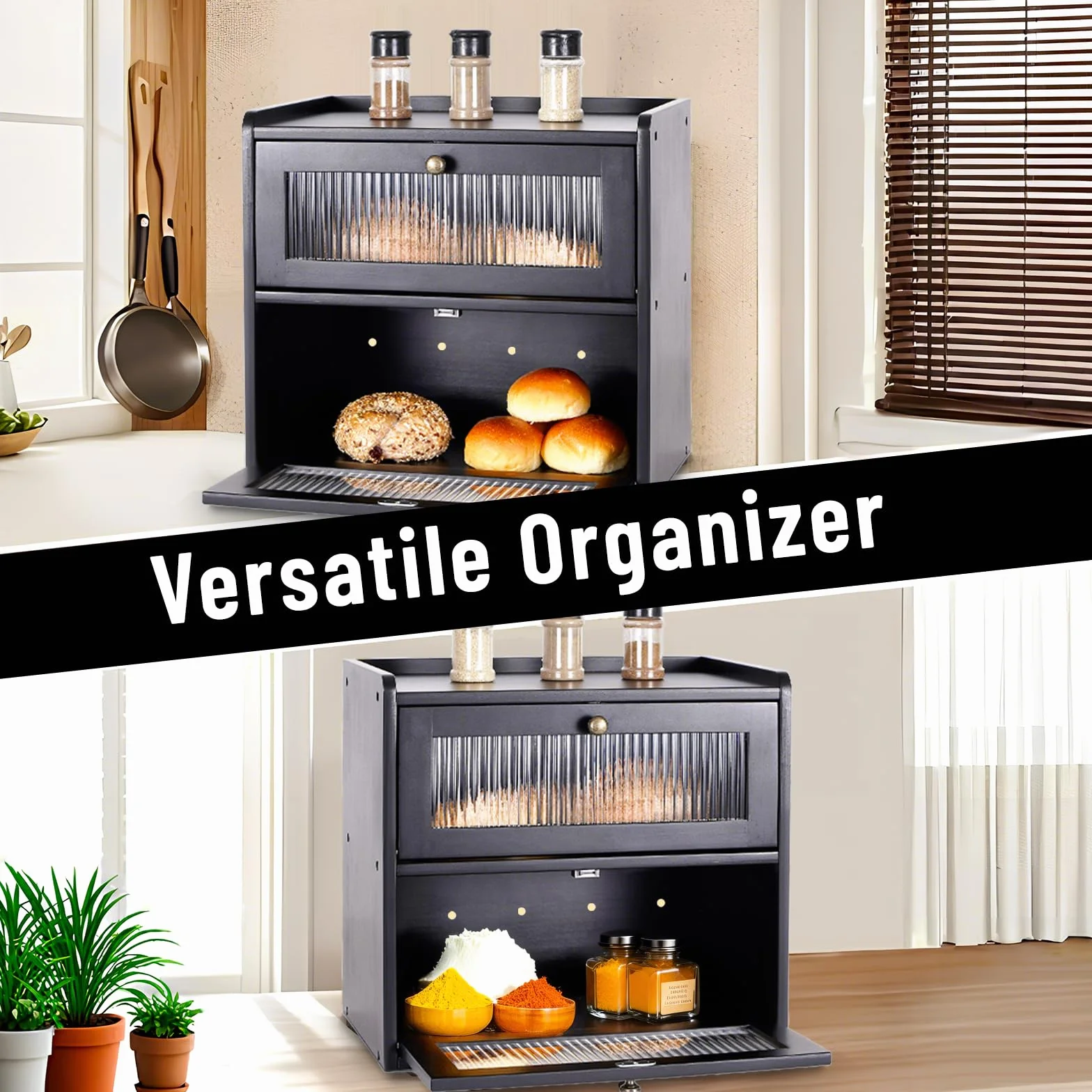 Paneras Para Guardar El Pan Caja Grande De Madera Maciza Doble Panera Madera Para Guardar ReposteríA Con Puerta AcríLica MagnéTica Bread Bin (Negro)