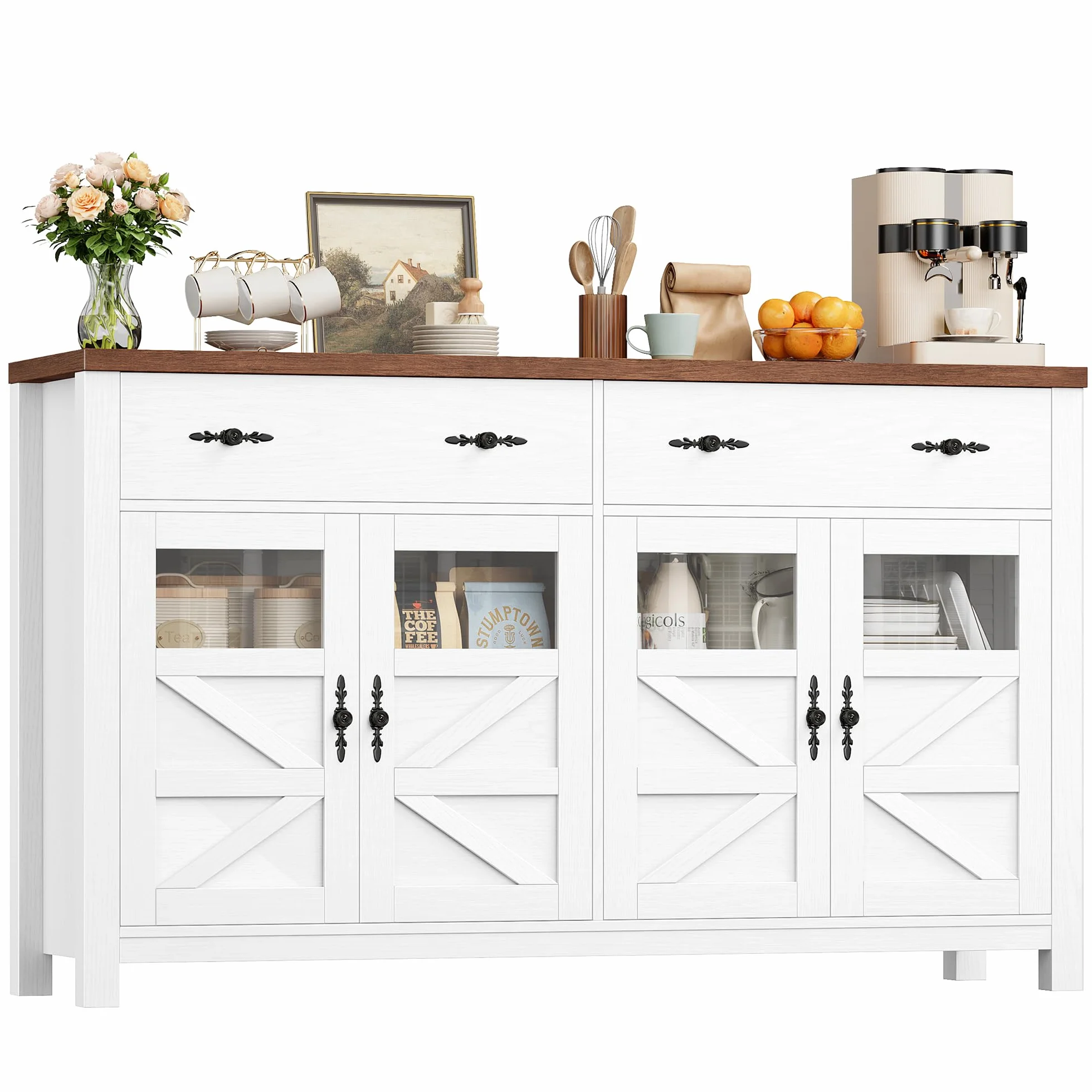 FirFurd 140cm Aparador de Cocina, Aparador Comedor, Mueble Auxiliar de Cocina, Armario Almacenaje con 2 Cajones 4 Puertas para Salón, Pasillo o Comedor 140x40x90cm Blanco