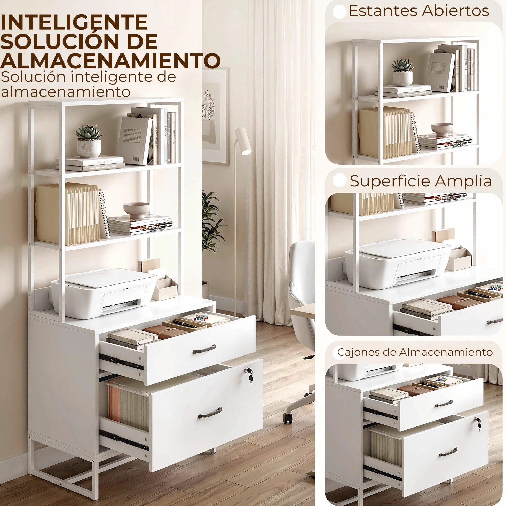 HOMCOM Cajonera Escritorio con Estantería, Mueble Archivador con 2 Cajones, Encimera para Impresora, Cerradura, para A4 Letter Legal, para Oficina, Estudio, Blanco