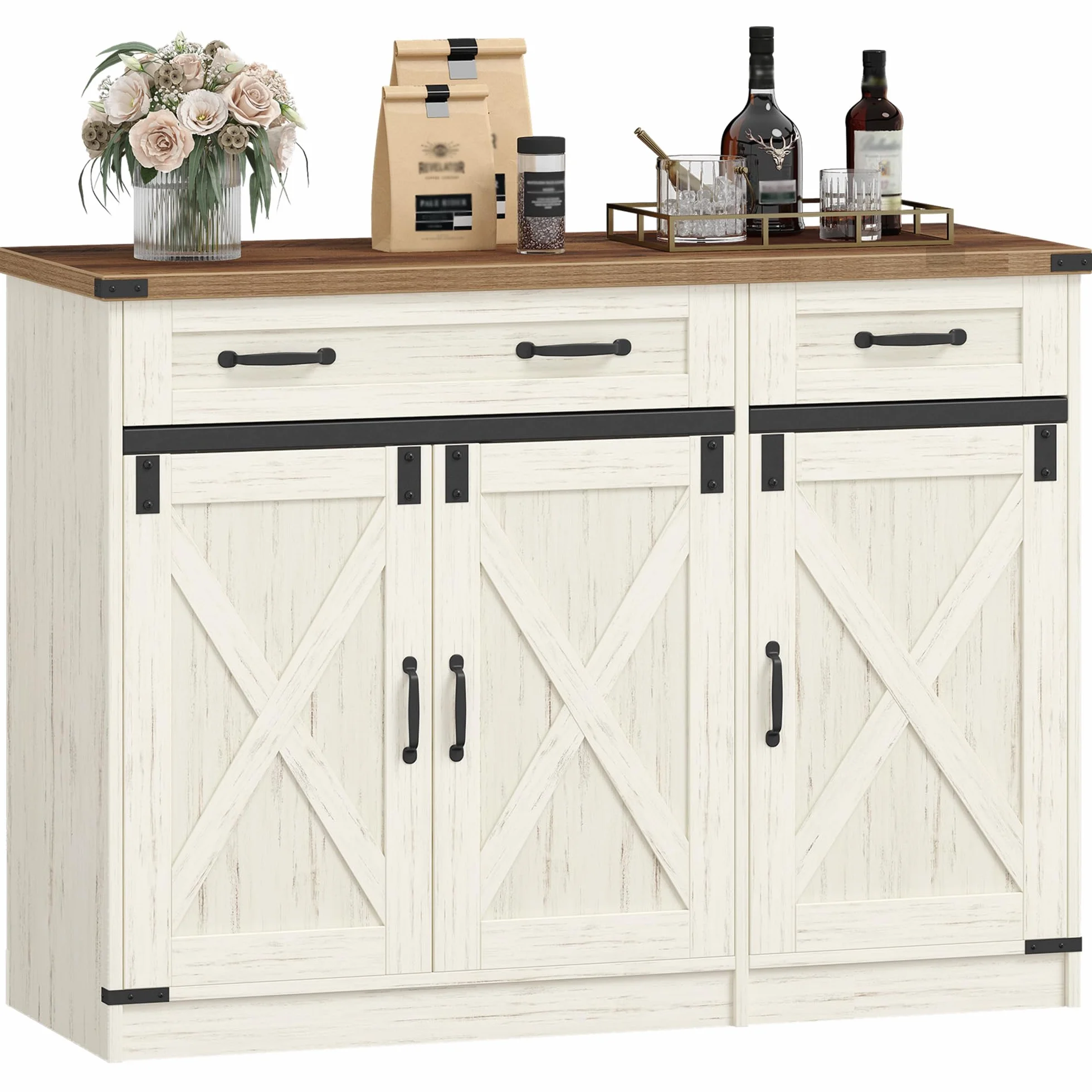 Armario de Cocina con 2 Cajones 3 Puertas Estantes Ajustables 40x108x80 cm Blanco Rústico y Marrón Miel