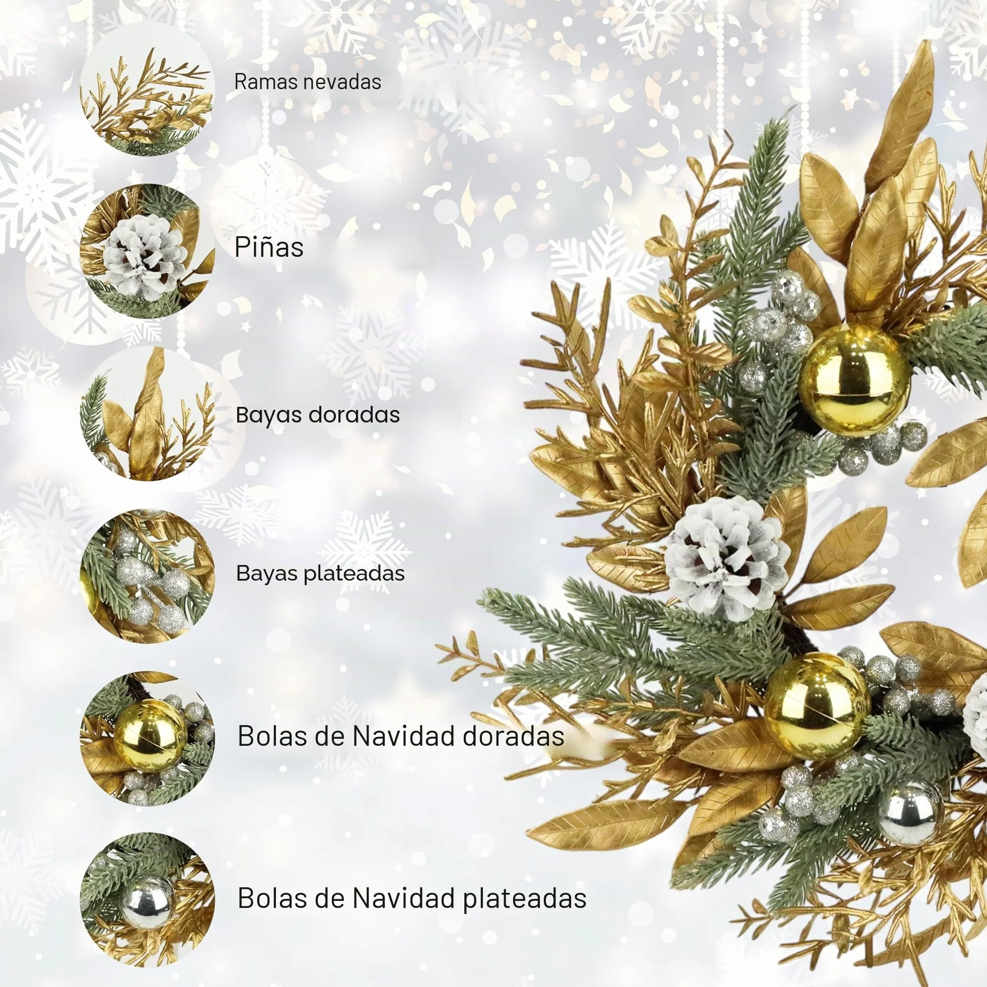 Zavothy Corona de Navidad de 50 cm, Corona de Puerta Artificial de Navidad con Piñas y Bolas de Navidad, Corona de Adviento, Decoración de Navidad, Dorado